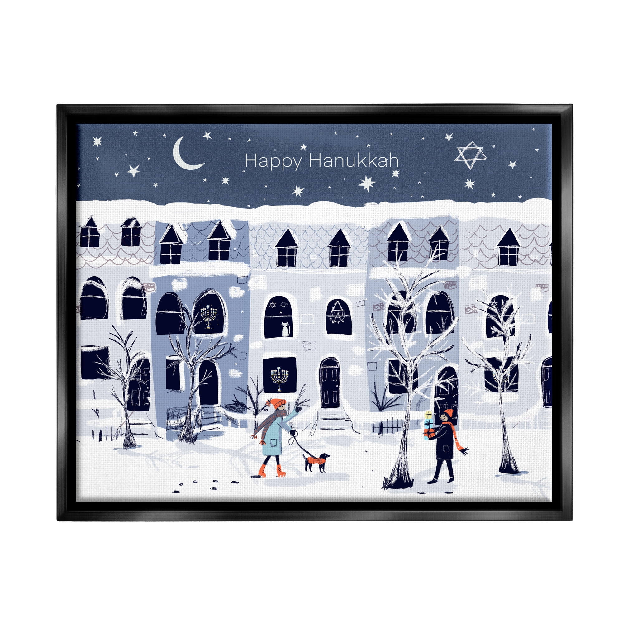 Stupell Industries Happy Hanukkah Winter City Scene Holiday Painting Black Floater Framed Art Print Wall Art