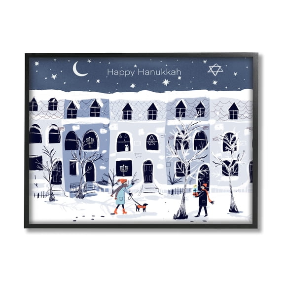 Stupell Industries Happy Hanukkah Winter City Scene Holiday Painting Black Framed Art Print Wall Art