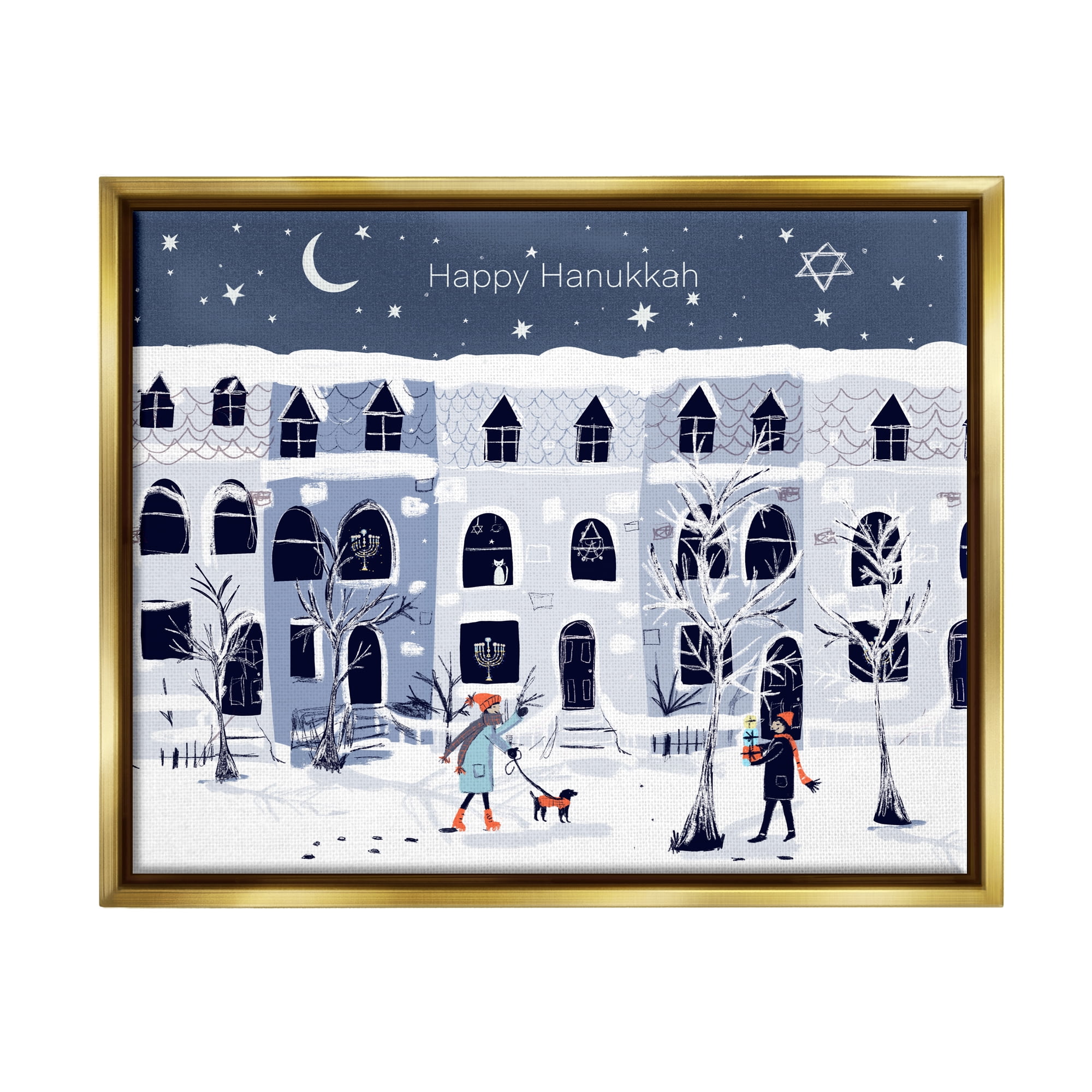Stupell Industries Happy Hanukkah Winter City Scene Holiday Painting Gold Floater Framed Art Print Wall Art