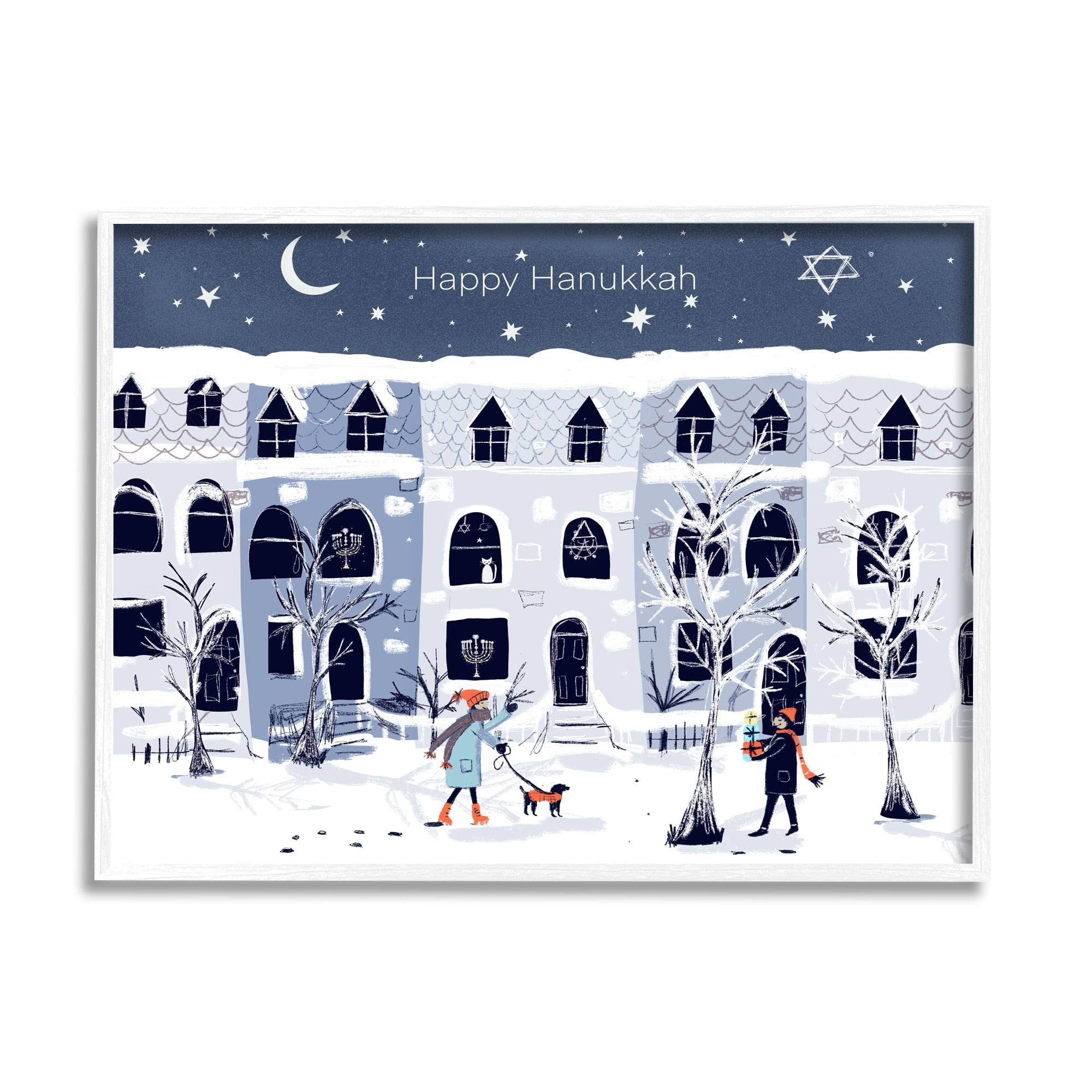 Stupell Industries Happy Hanukkah Winter City Scene Holiday Painting White Framed Art Print Wall Art