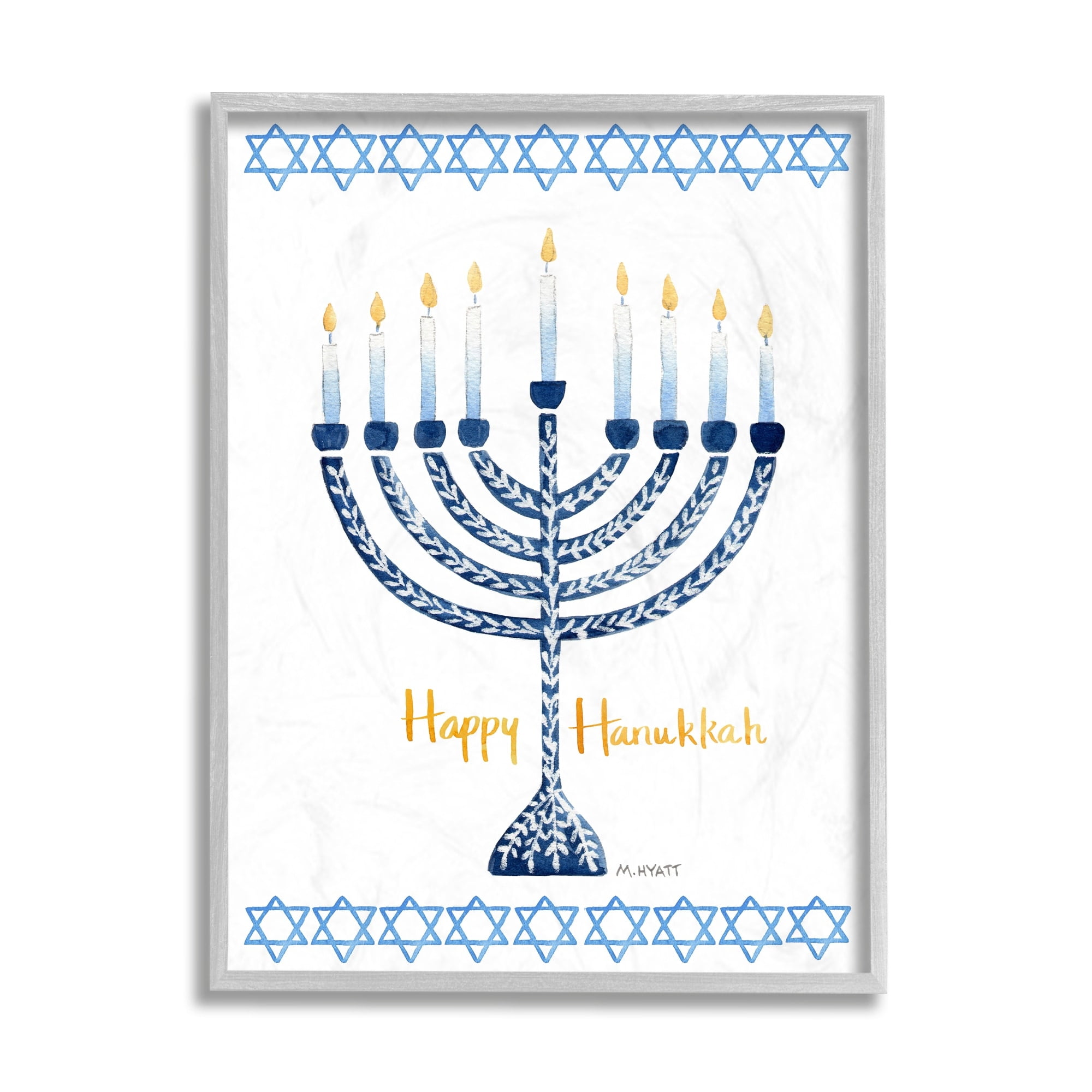Stupell Industries Happy Hanukkah Winter Holiday Festive Menorah Gray Framed Design by Melissa Hyatt LLC