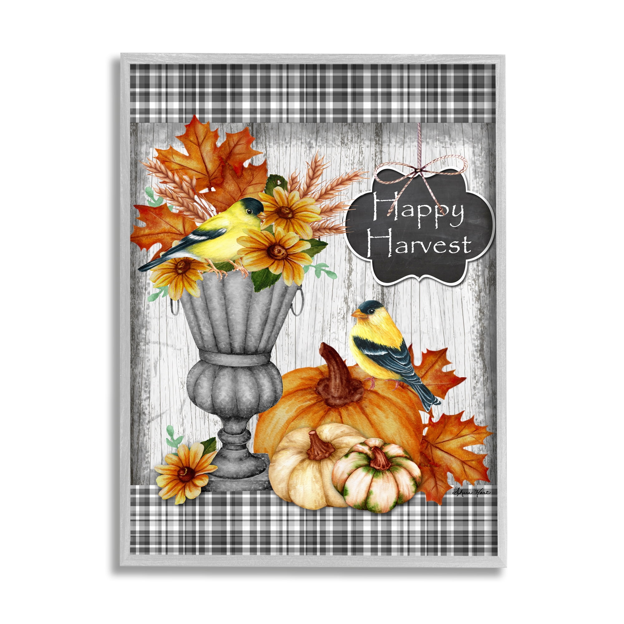 Stupell Industries Happy Harvest Charming Autumn Birds and Gourds Gray Framed Design by Sheri Hart