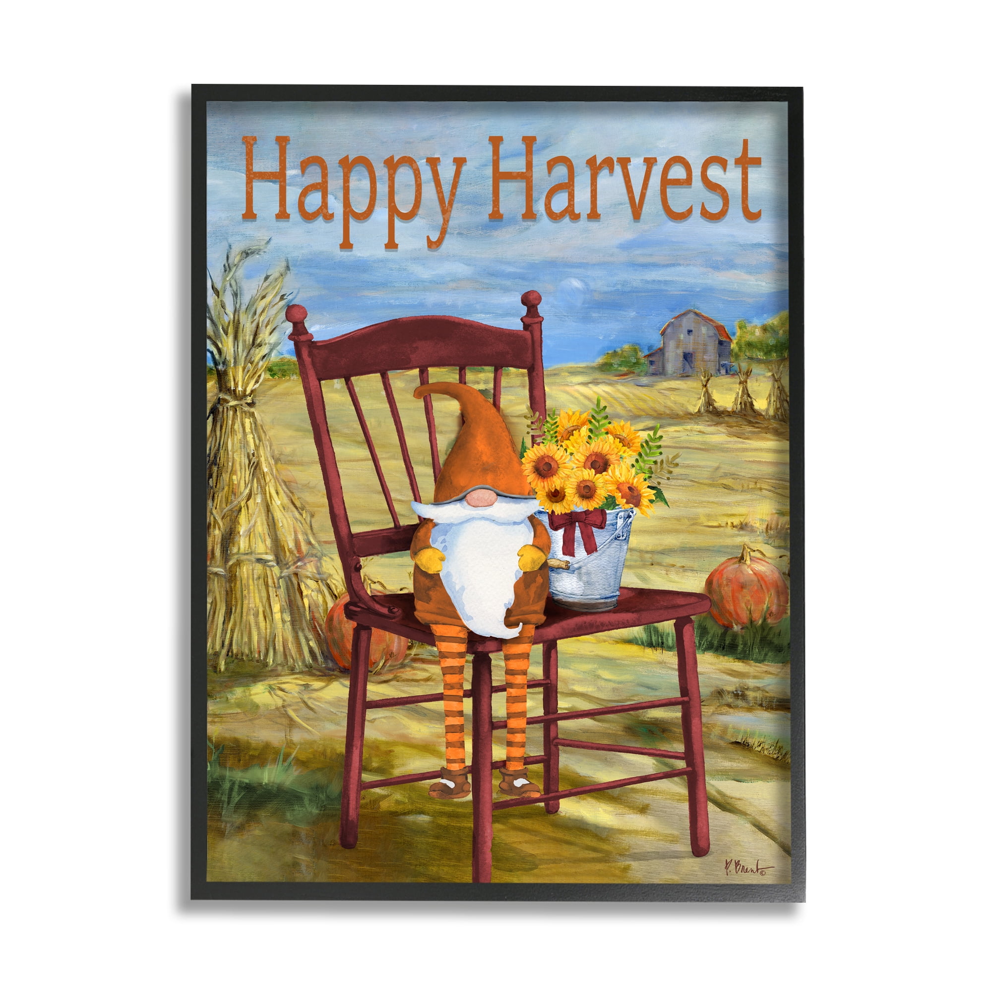 Stupell Industries Happy Harvest Country Gnome Landscape Painting Black Framed Art Print Wall Art, 24 x 30