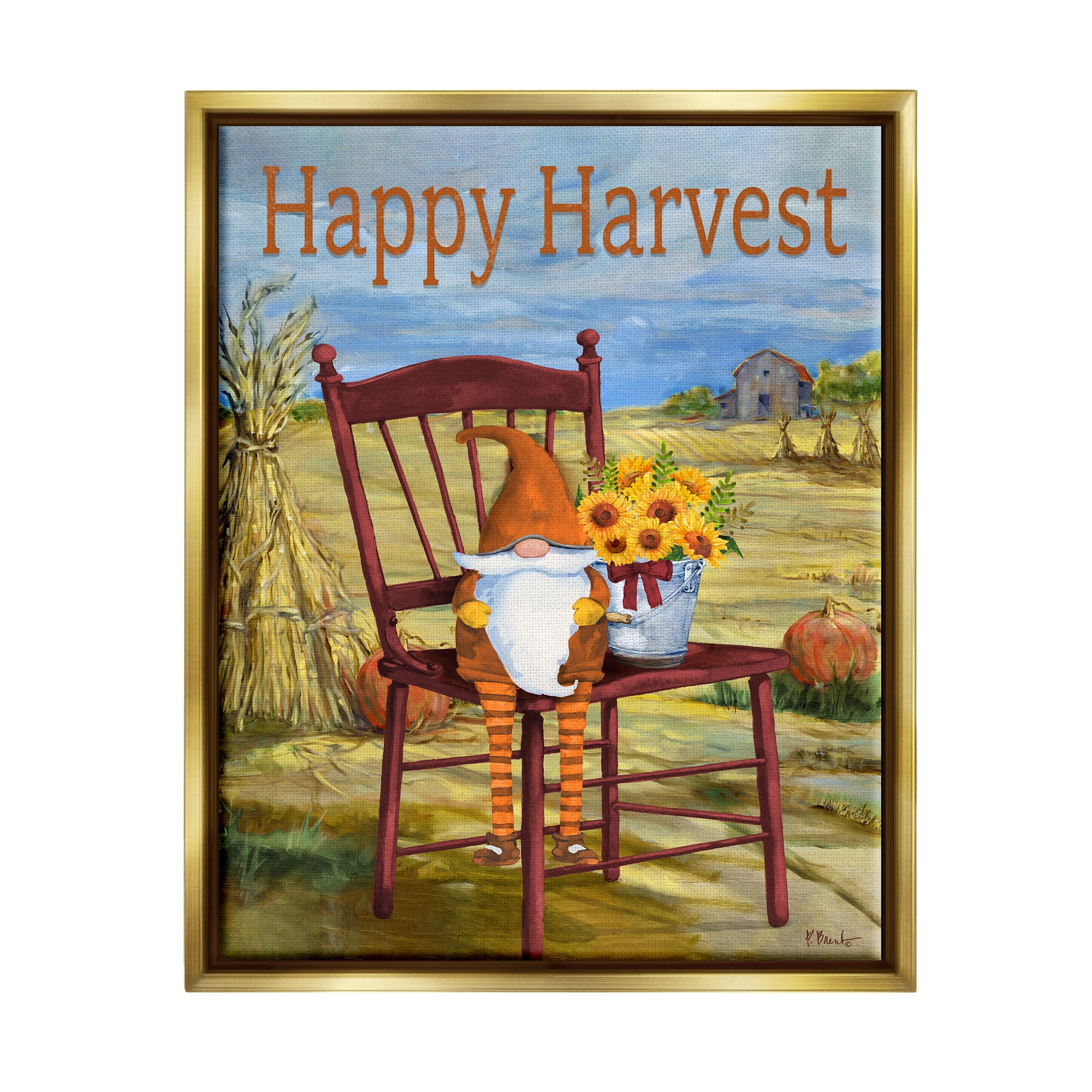 Stupell Industries Happy Harvest Country Gnome Landscape Painting Gold Floater Framed Canvas Art Print Wall Art, 25 x 31