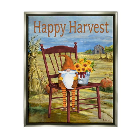 Stupell Industries Happy Harvest Country Gnome Landscape Painting Gray Floater Framed Canvas Art Print Wall Art, 17 x 21