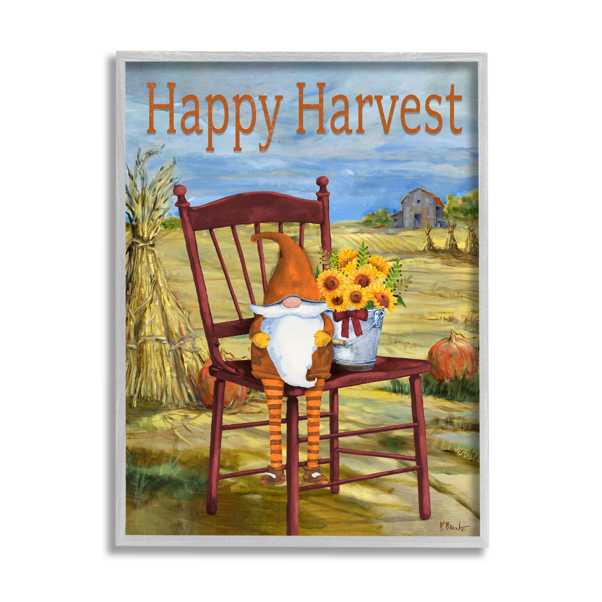 Stupell Industries Happy Harvest Country Gnome Landscape Painting Gray Framed Art Print Wall Art, 16 x 20