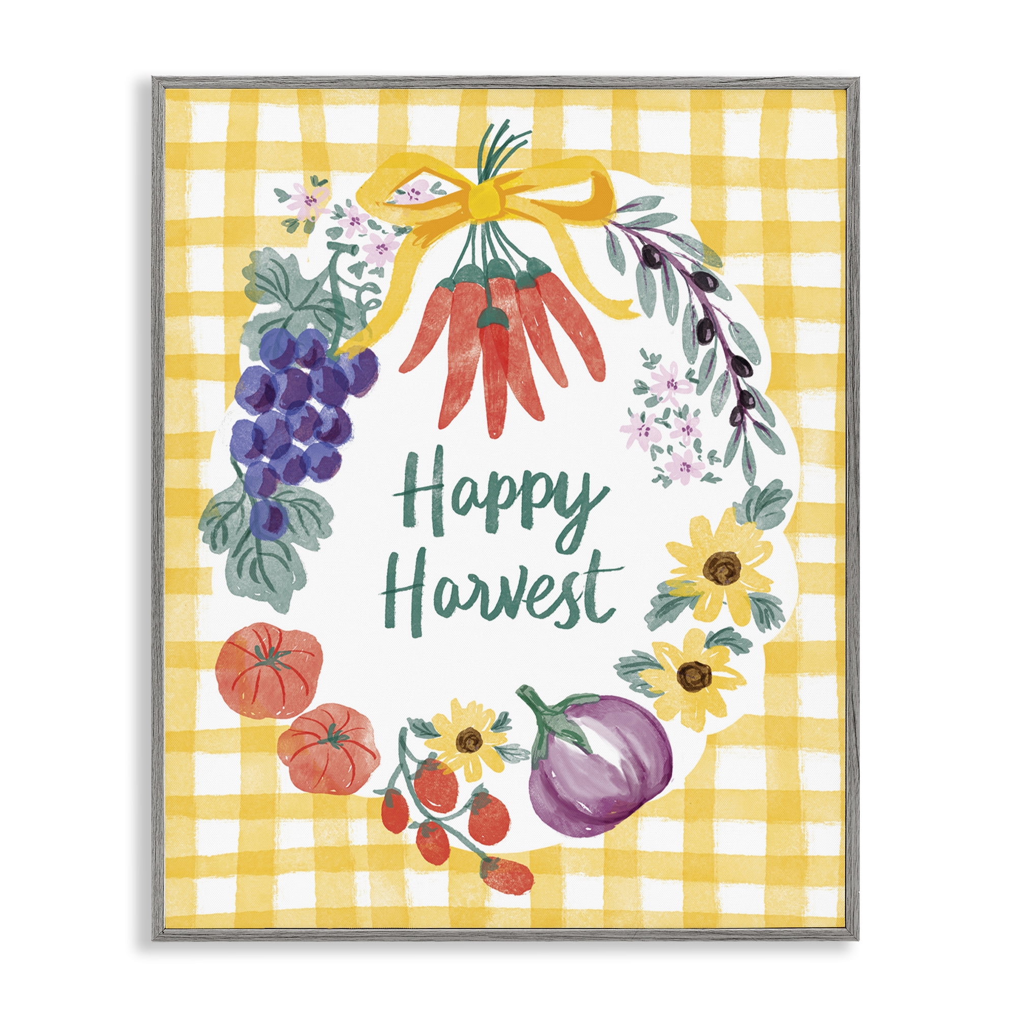 Stupell Industries Happy Harvest Kitchen Food & Beverage Painting Gray Framed Art Print Wall Art, 11 x 14