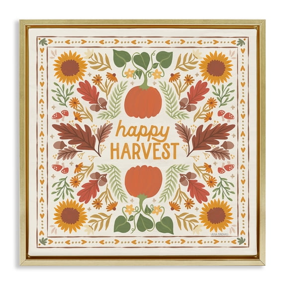 Stupell Industries Farmhouse Happy Harvest Pattern Gold Floating Frame Canvas Art, 25 x 25, by Laura Marshall