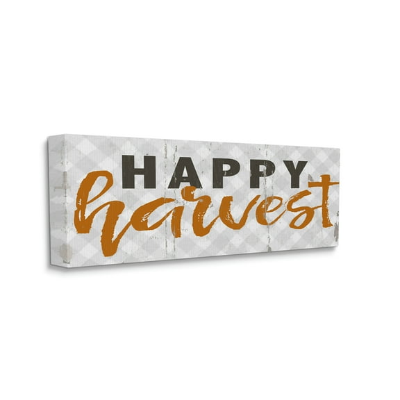 Stupell Industries Happy Harvest Phrase Distressed Autumn Plaid Typography Painting Gallery Wrapped Canvas Art Print Wall Art, 10 x 24