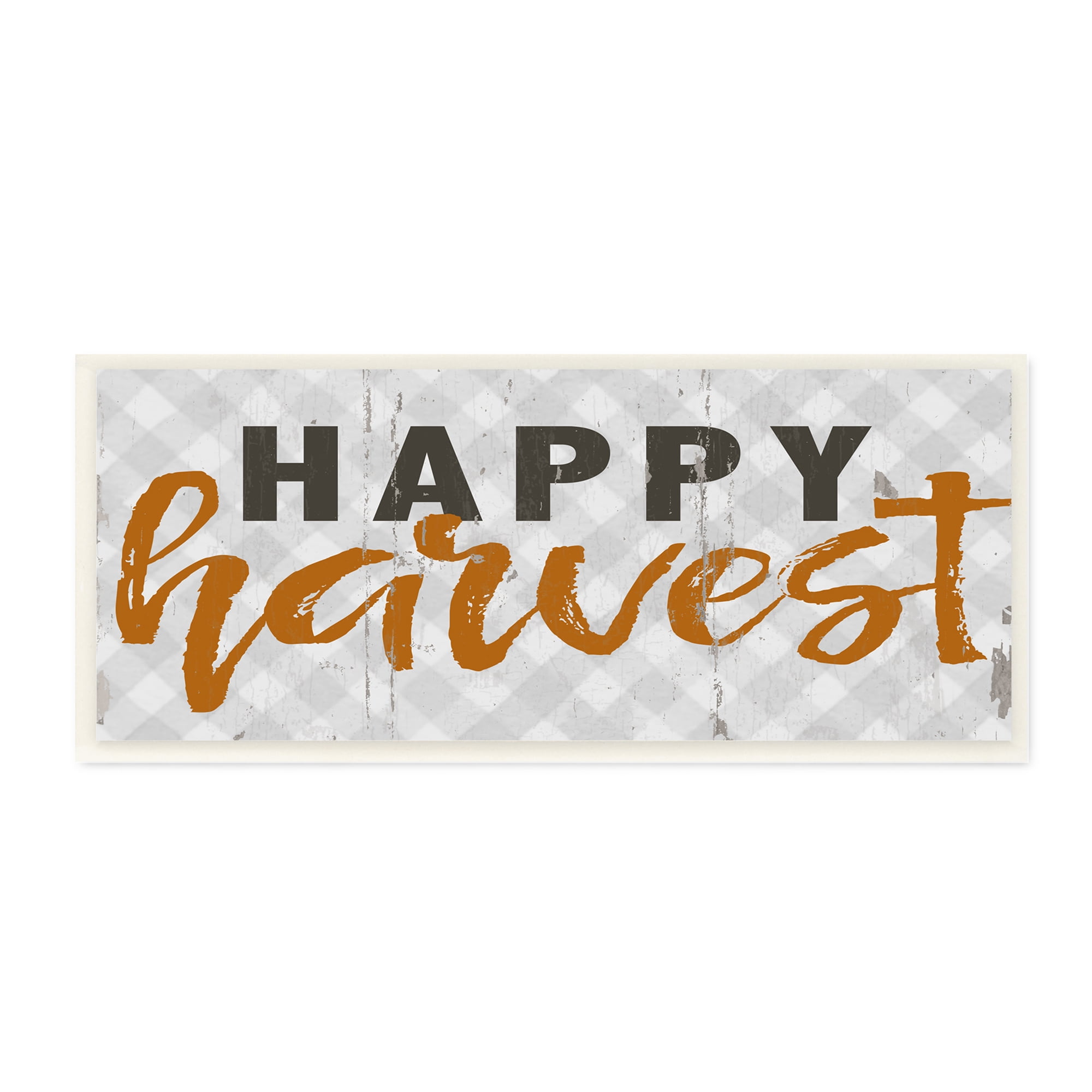 Stupell Industries Happy Harvest Phrase Distressed Autumn Plaid Typography Painting Wall Plaque Art Print Wall Art, 7 x 17