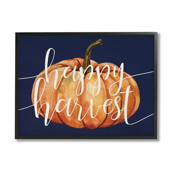 Stupell Industries Happy Harvest Phrase Orange Pumpkin over Blue Graphic Art Black Framed Art Print Wall Art, 14x11, by Daphne Polselli