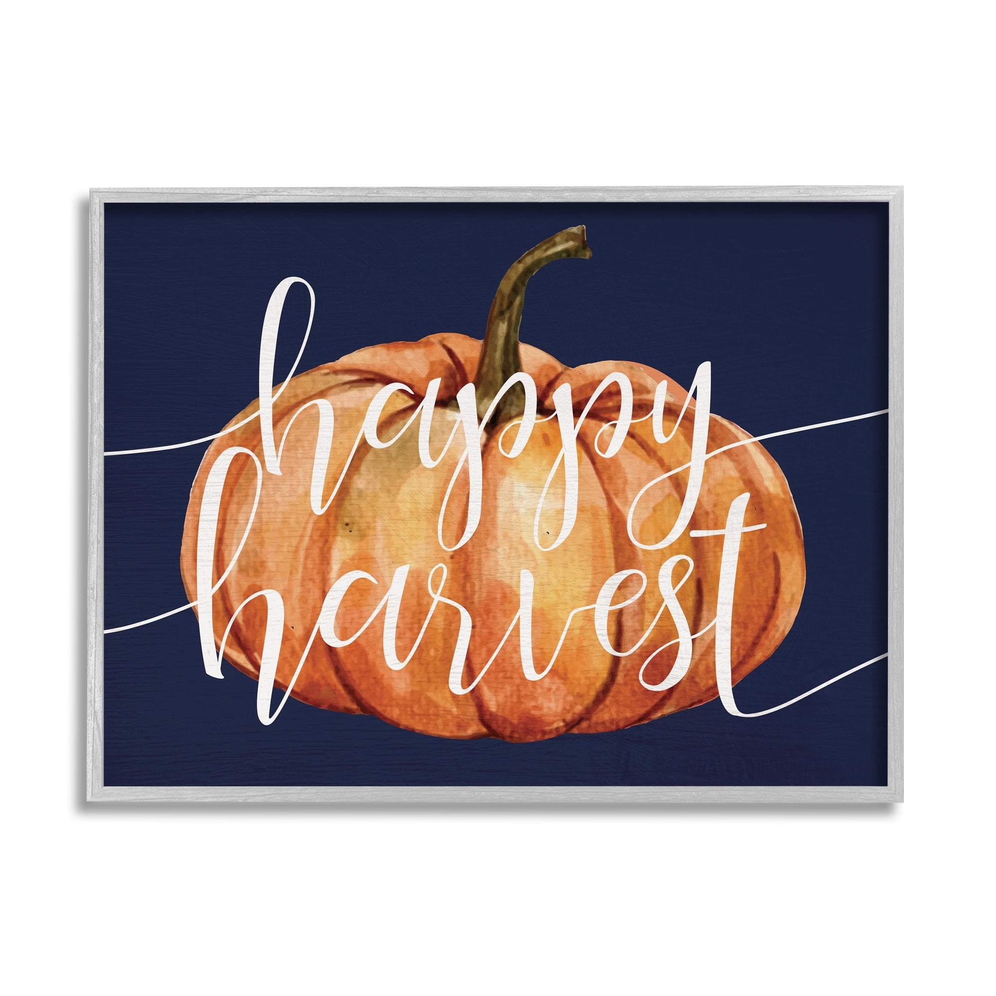 Stupell Industries Happy Harvest Phrase Orange Pumpkin over Blue Graphic Art Gray Framed Art Print Wall Art, 20x16, by Daphne Polselli