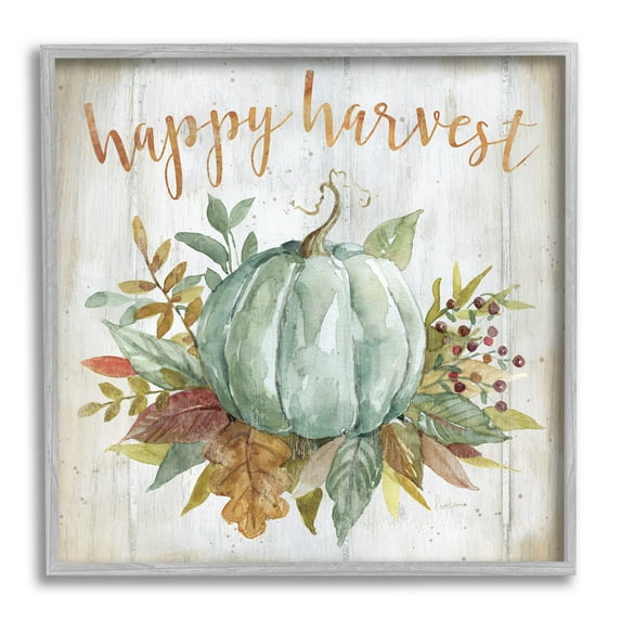 Stupell Industries Happy Harvest Seasonal Pumpkin Graphic Art Gray Framed Art Print Wall Art, Design by Livi Finn