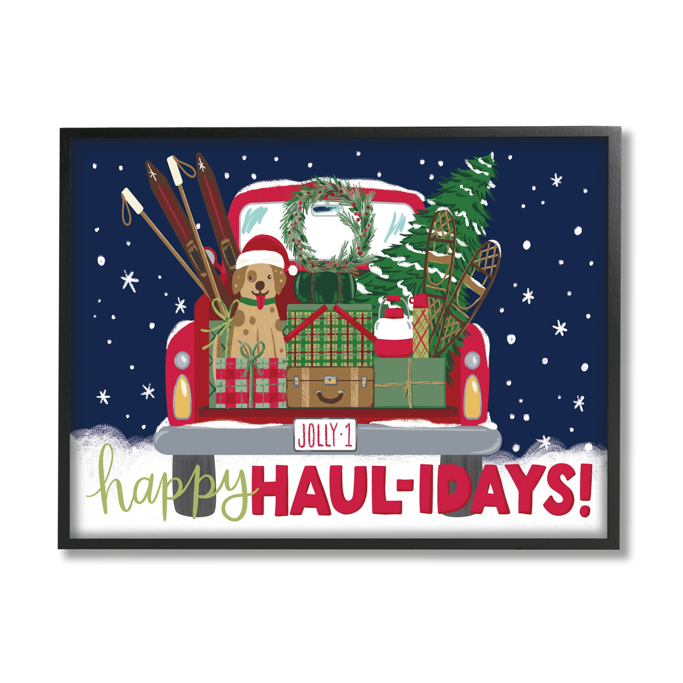 Stupell Industries Happy Haul-idays Christmas Gift Truck Graphic Art Black Framed Art Print Wall Art, Design by Amanda McGee
