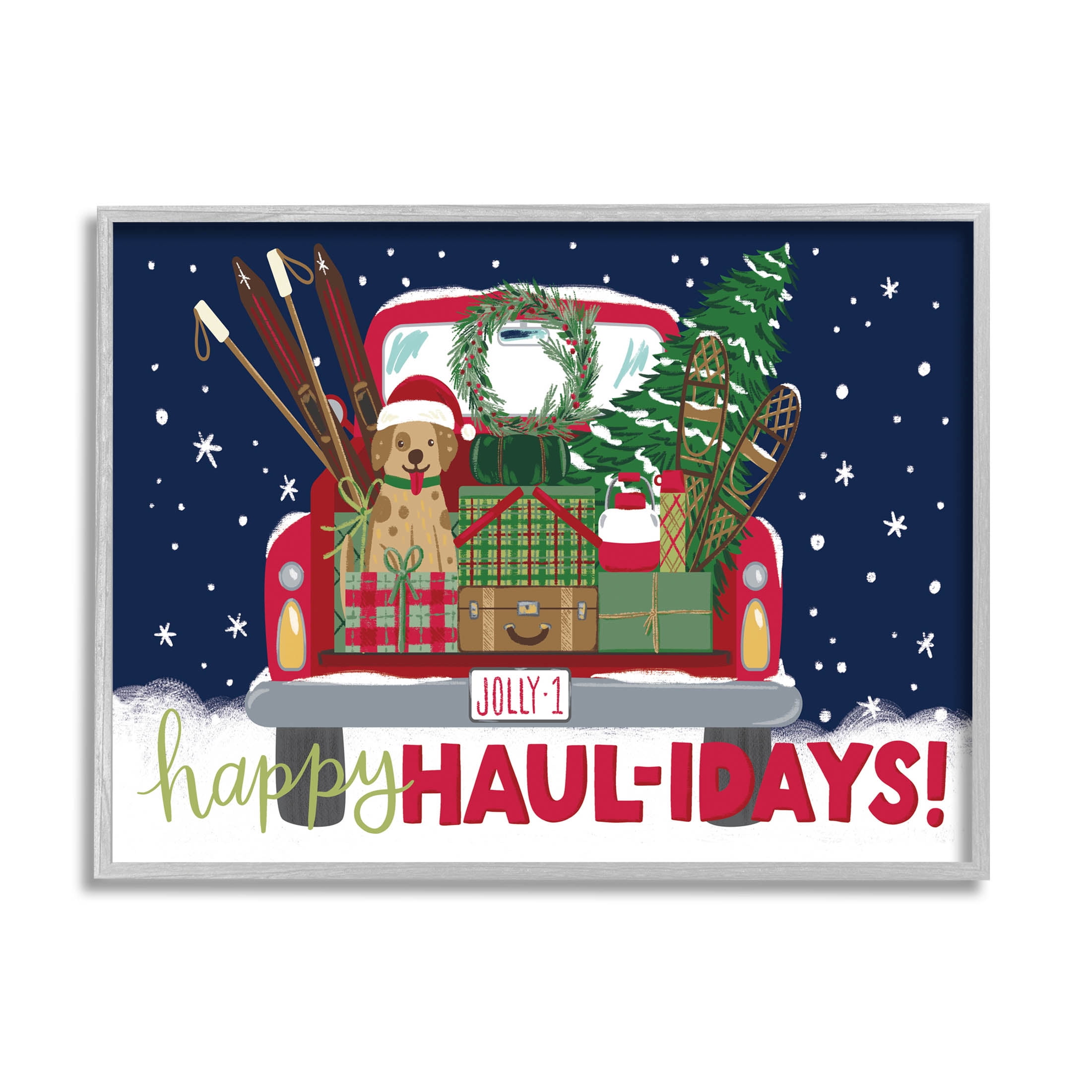 Stupell Industries Happy Haul-idays Christmas Gift Truck Graphic Art Gray Framed Art Print Wall Art, Design by Amanda McGee