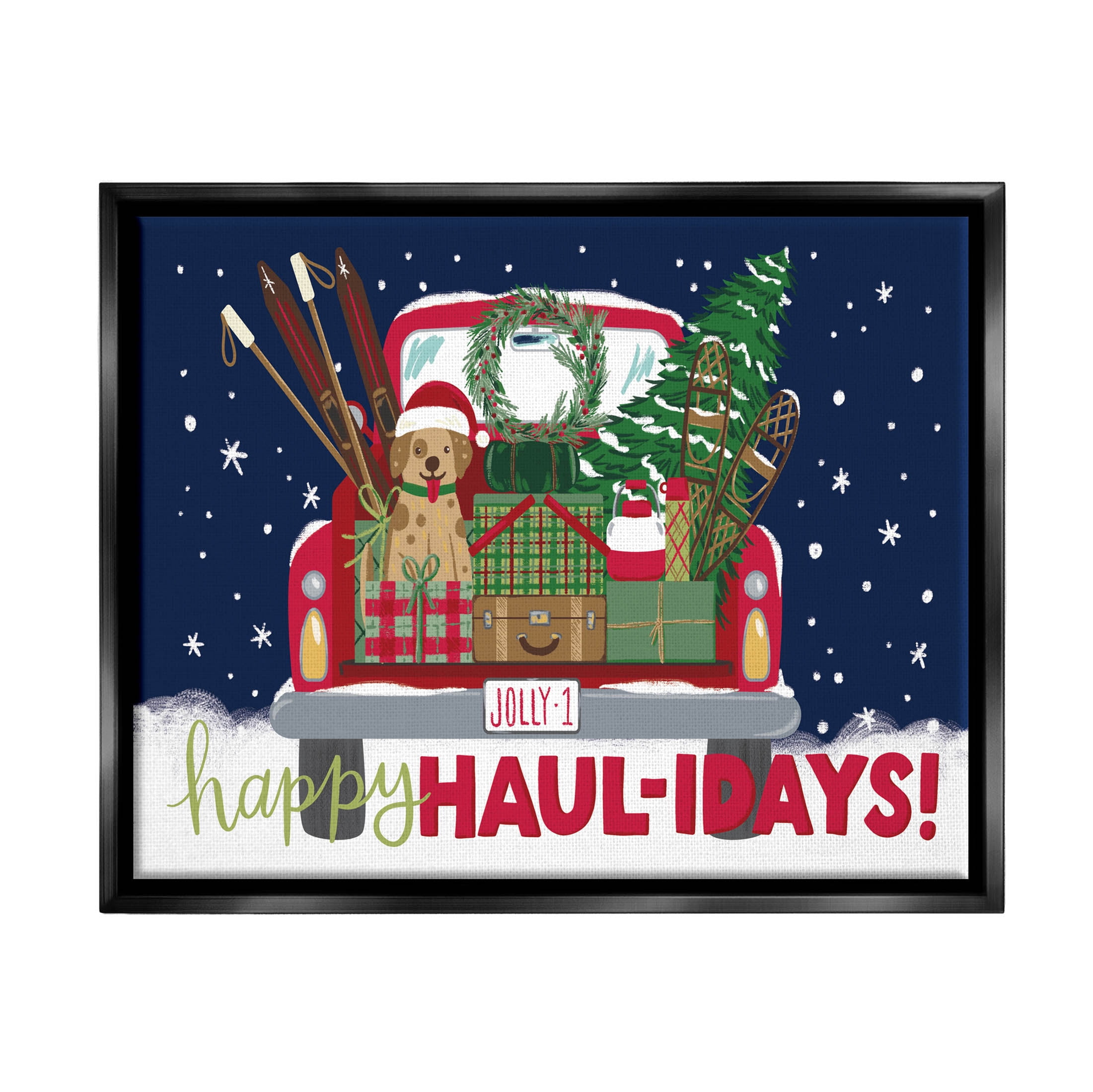 Stupell Industries Happy Haul-idays Christmas Gift Truck Graphic Art Jet Black Floating Framed Canvas Print Wall Art, Design by Amanda McGee
