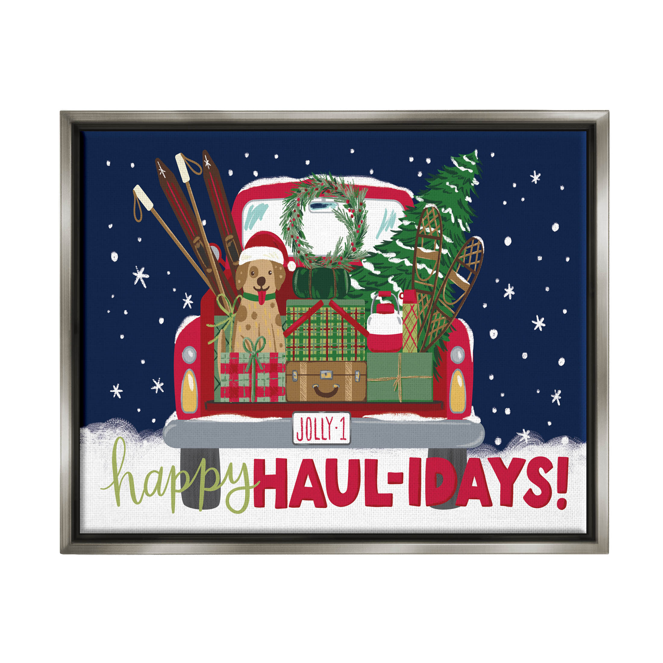 Stupell Industries Happy Haul-idays Christmas Gift Truck Graphic Art Luster Gray Floating Framed Canvas Print Wall Art, Design by Amanda McGee