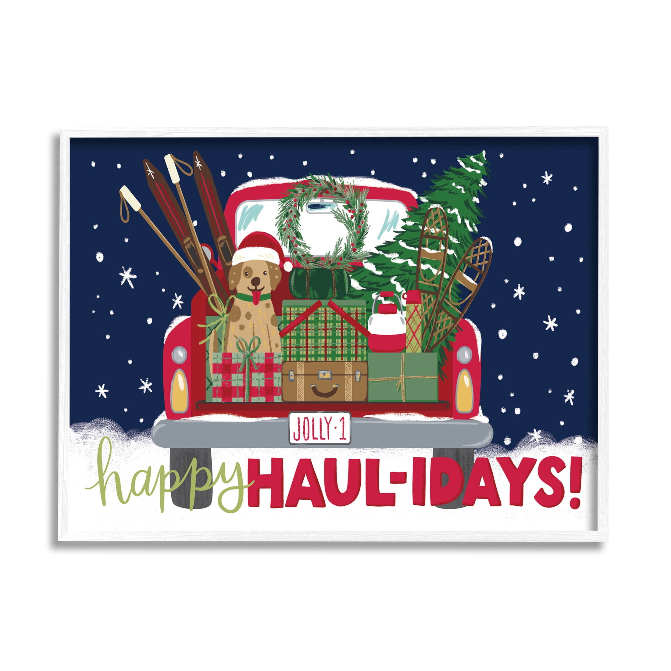 Stupell Industries Happy Haul-idays Christmas Gift Truck Graphic Art White Framed Art Print Wall Art, Design by Amanda McGee