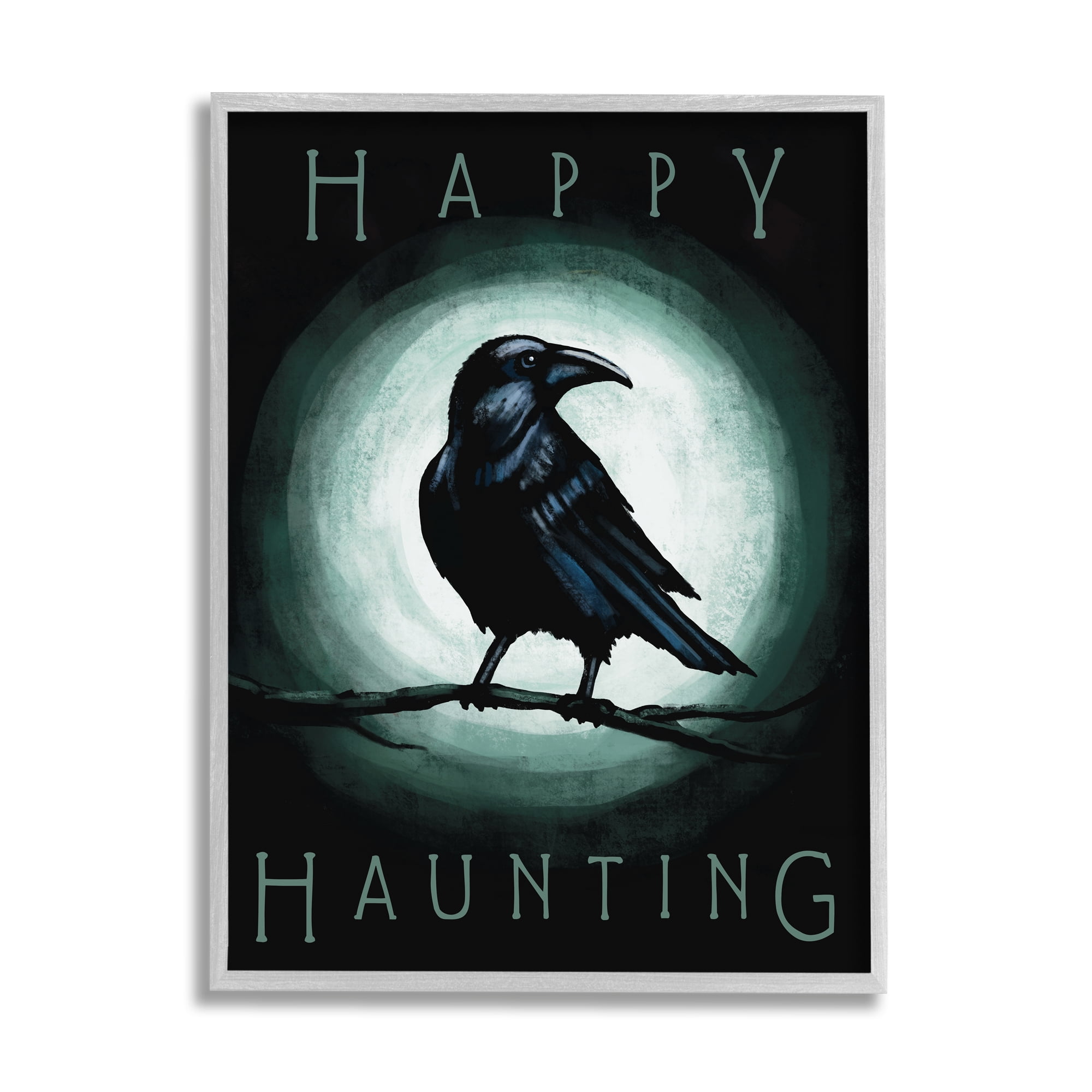 Stupell Industries Happy Hauntings Phrase Black Crow Perched Festive Halloween Graphic Art Gray Framed Art Print Wall Art, 11x14, by Elizabeth Tyndall