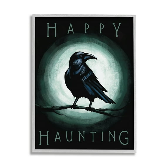 Stupell Industries Happy Hauntings Phrase Black Crow Perched Festive Halloween Graphic Art Gray Framed Art Print Wall Art, 16x20, by Elizabeth Tyndall