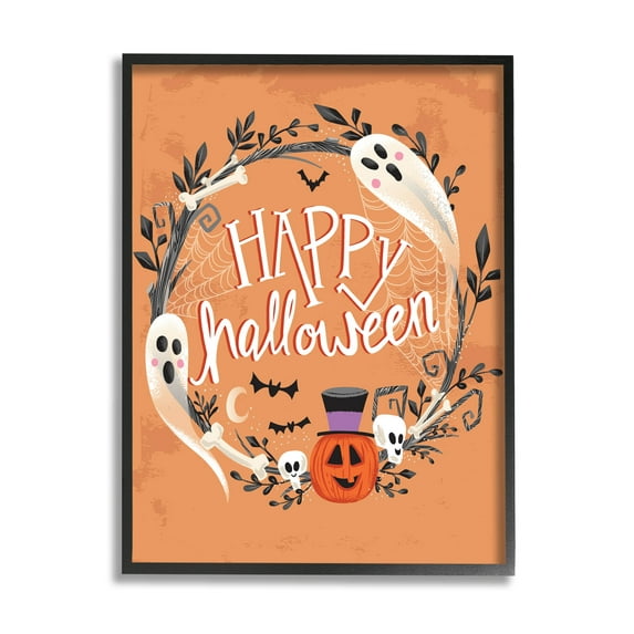 Stupell Industries Happy Haunts Halloween Wreath Graphic Art Black Framed Art Print Wall Art, Design by Arrolynn Weiderhold