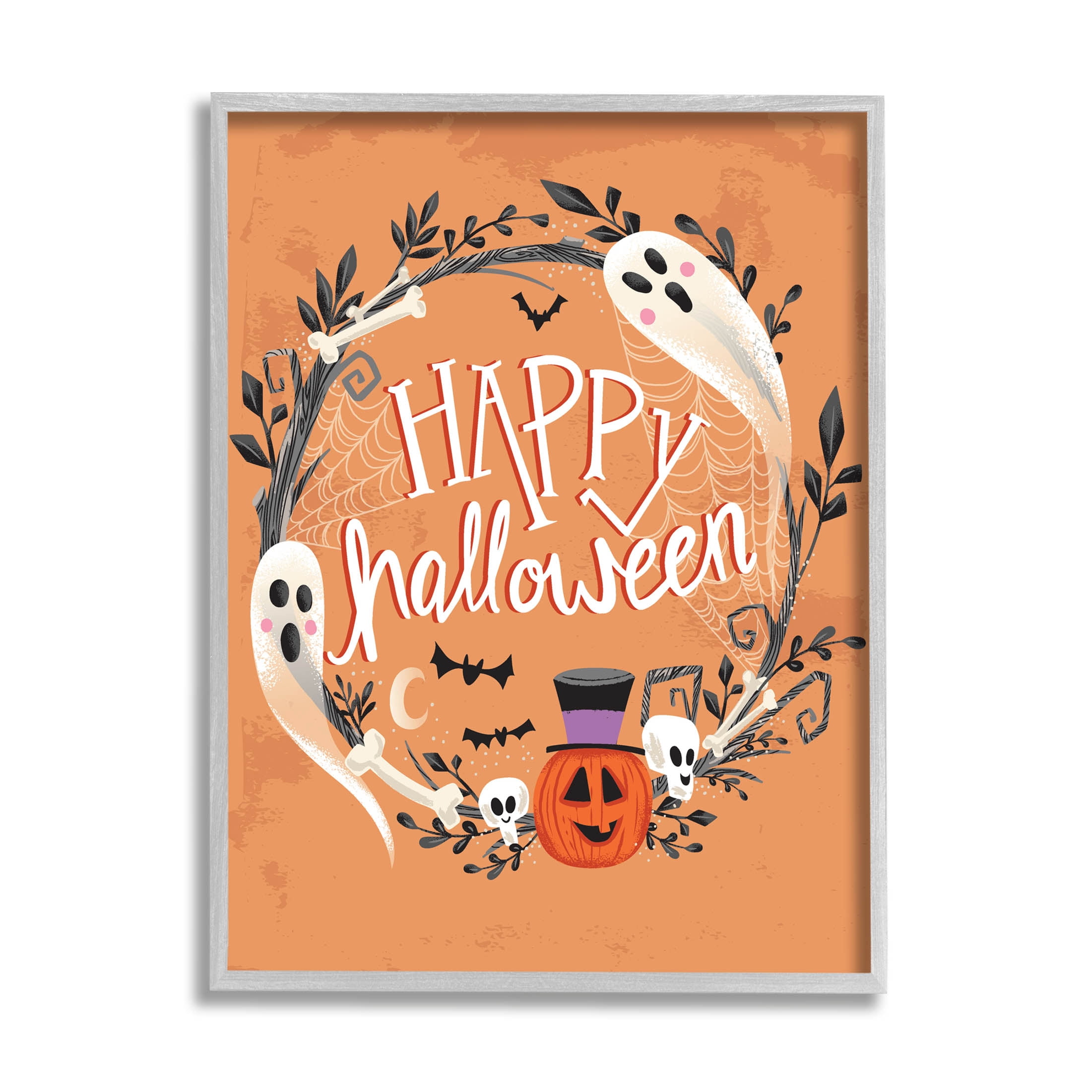 Stupell Industries Happy Haunts Halloween Wreath Graphic Art Gray Framed Art Print Wall Art, Design by Arrolynn Weiderhold