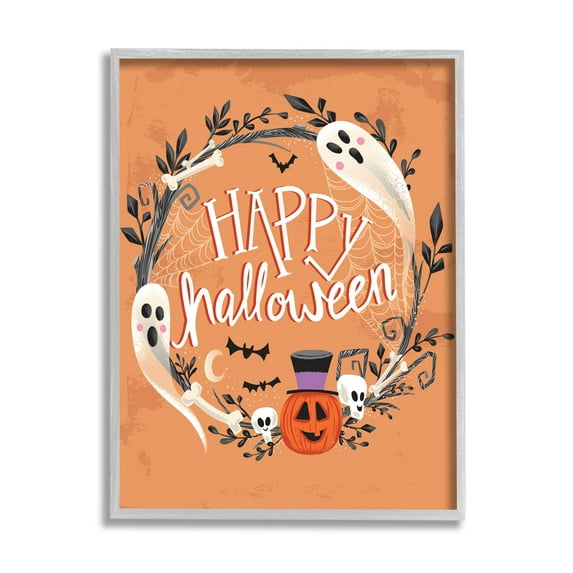 Stupell Industries Happy Haunts Halloween Wreath Graphic Art Gray Framed Art Print Wall Art, Design by Arrolynn Weiderhold