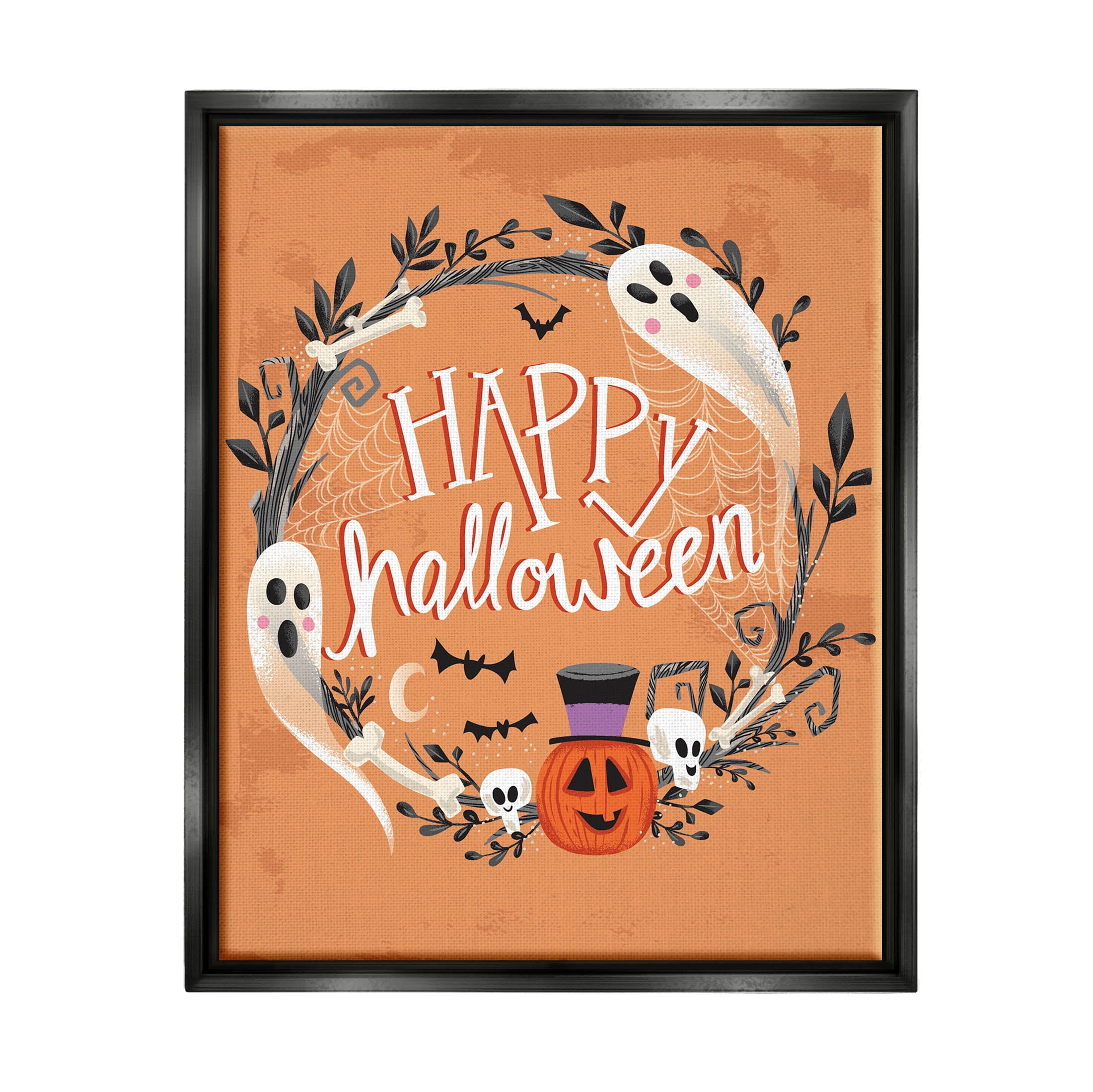Stupell Industries Happy Haunts Halloween Wreath Graphic Art Jet Black Floating Framed Canvas Print Wall Art, Design by Arrolynn Weiderhold