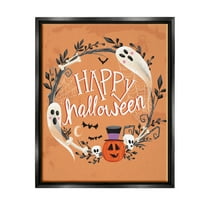Stupell Industries Happy Haunts Halloween Wreath Graphic Art Jet Black Floating Framed Canvas Print Wall Art, Design by Arrolynn Weiderhold