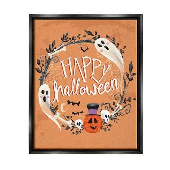 Stupell Industries Happy Haunts Halloween Wreath Graphic Art Jet Black Floating Framed Canvas Print Wall Art, Design by Arrolynn Weiderhold