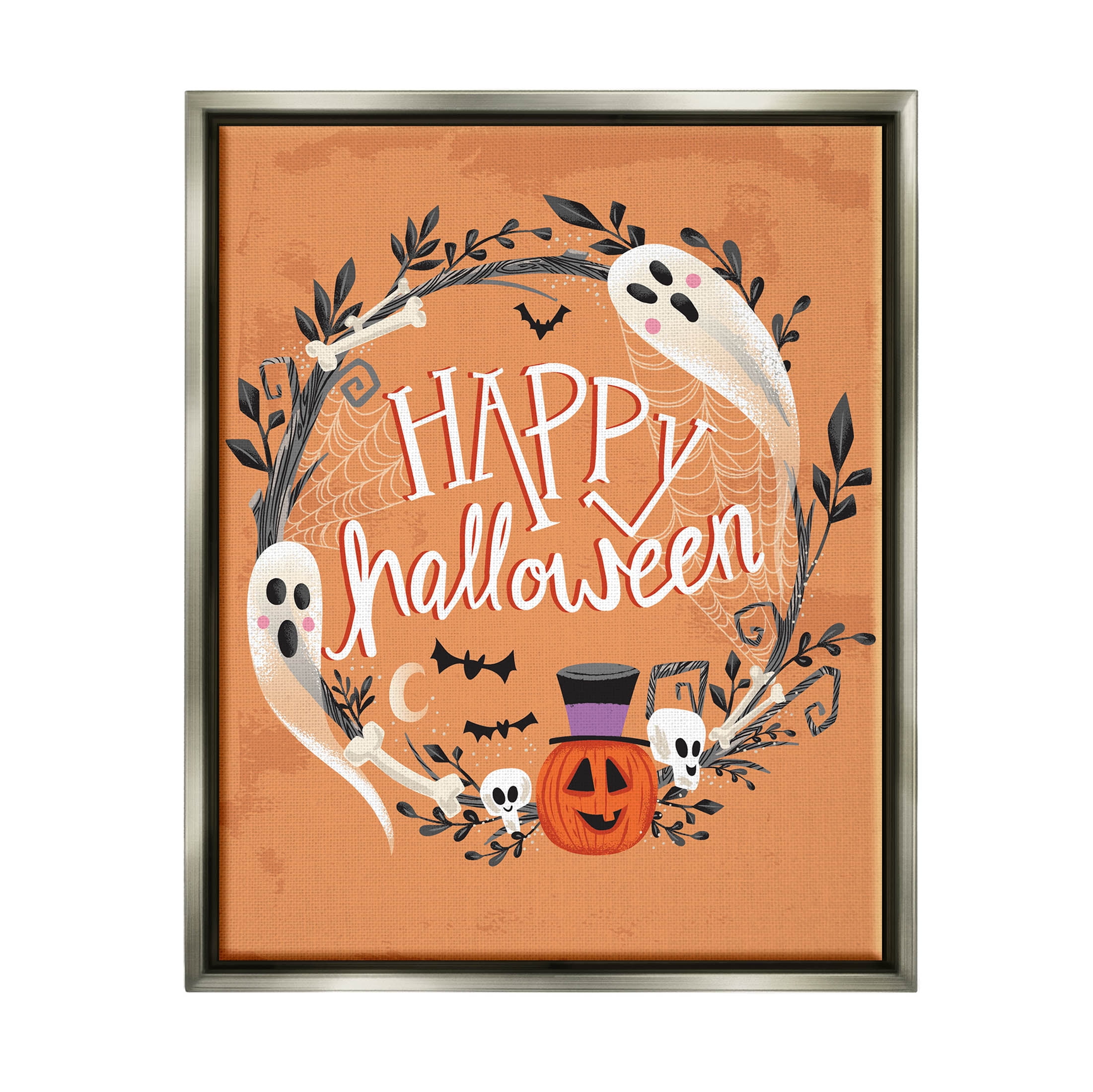 Stupell Industries Happy Haunts Halloween Wreath Graphic Art Luster Gray Floating Framed Canvas Print Wall Art, Design by Arrolynn Weiderhold