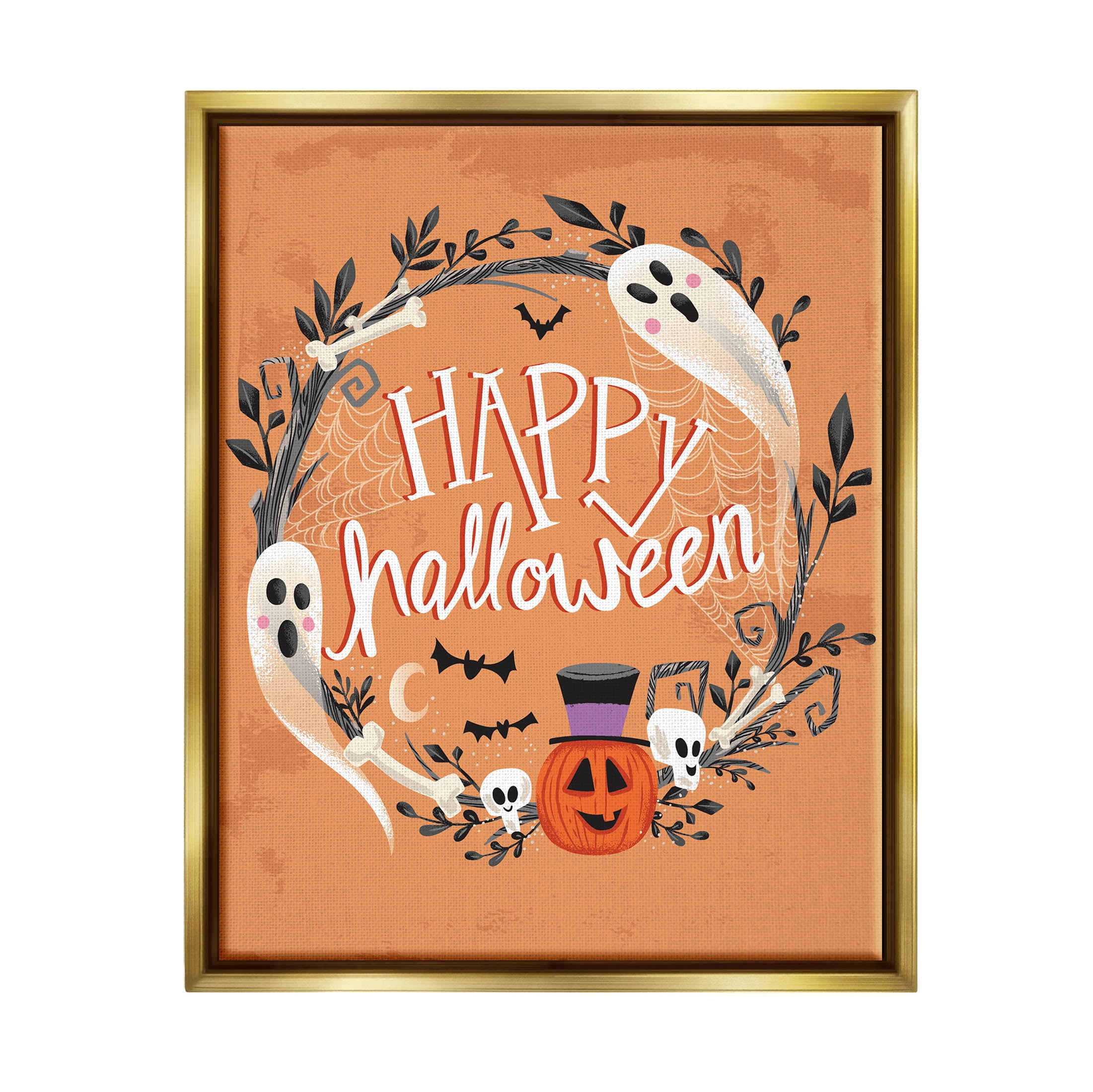 Stupell Industries Happy Haunts Halloween Wreath Graphic Art Metallic Gold Floating Framed Canvas Print Wall Art, Design by Arrolynn Weiderhold