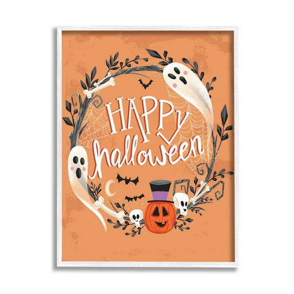 Stupell Industries Happy Haunts Halloween Wreath Graphic Art White Framed Art Print Wall Art, Design by Arrolynn Weiderhold