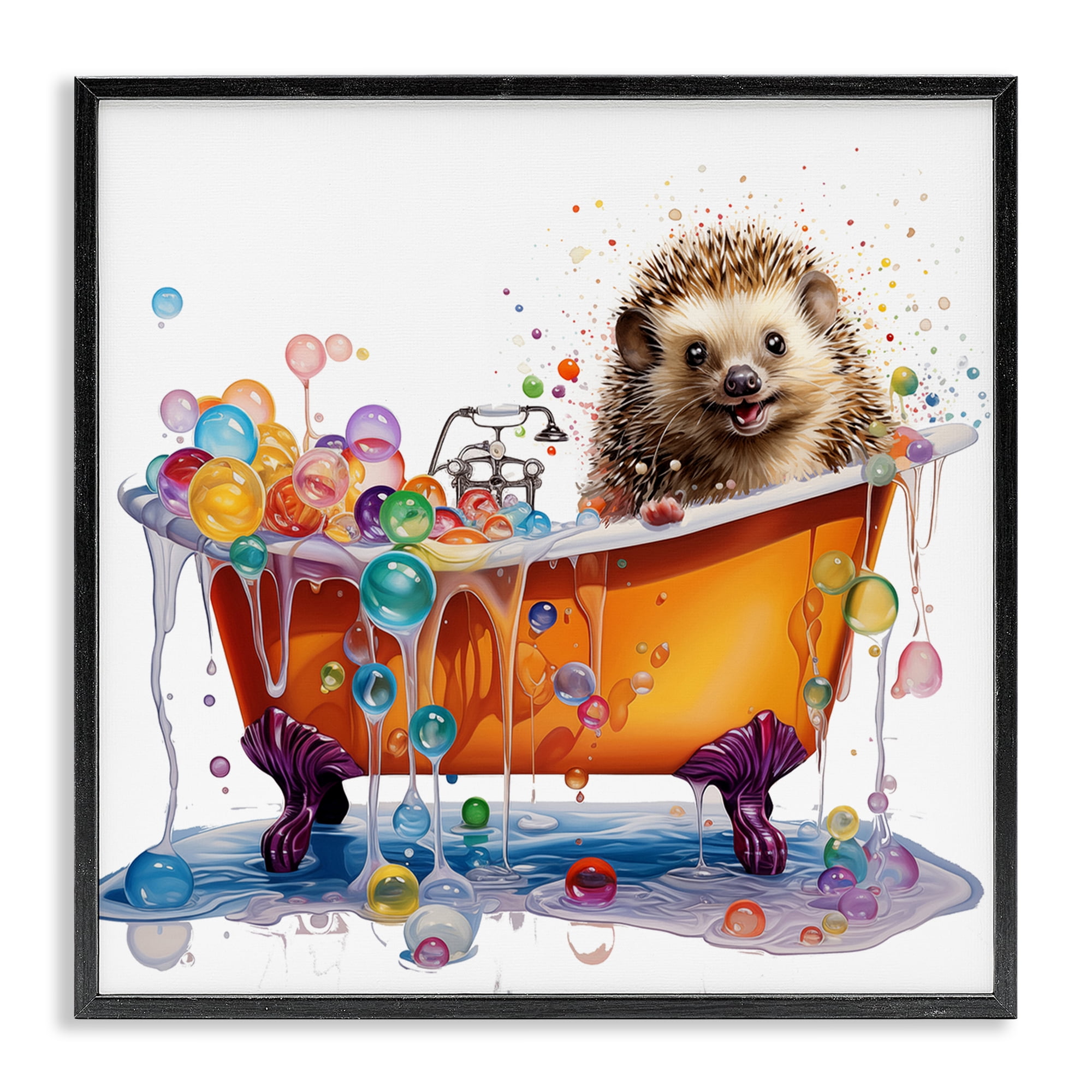 Stupell Industries Happy Hedgehog Bubble Bath Bath & Laundry Painting Black Framed Art Print Wall Art, 17 x 17