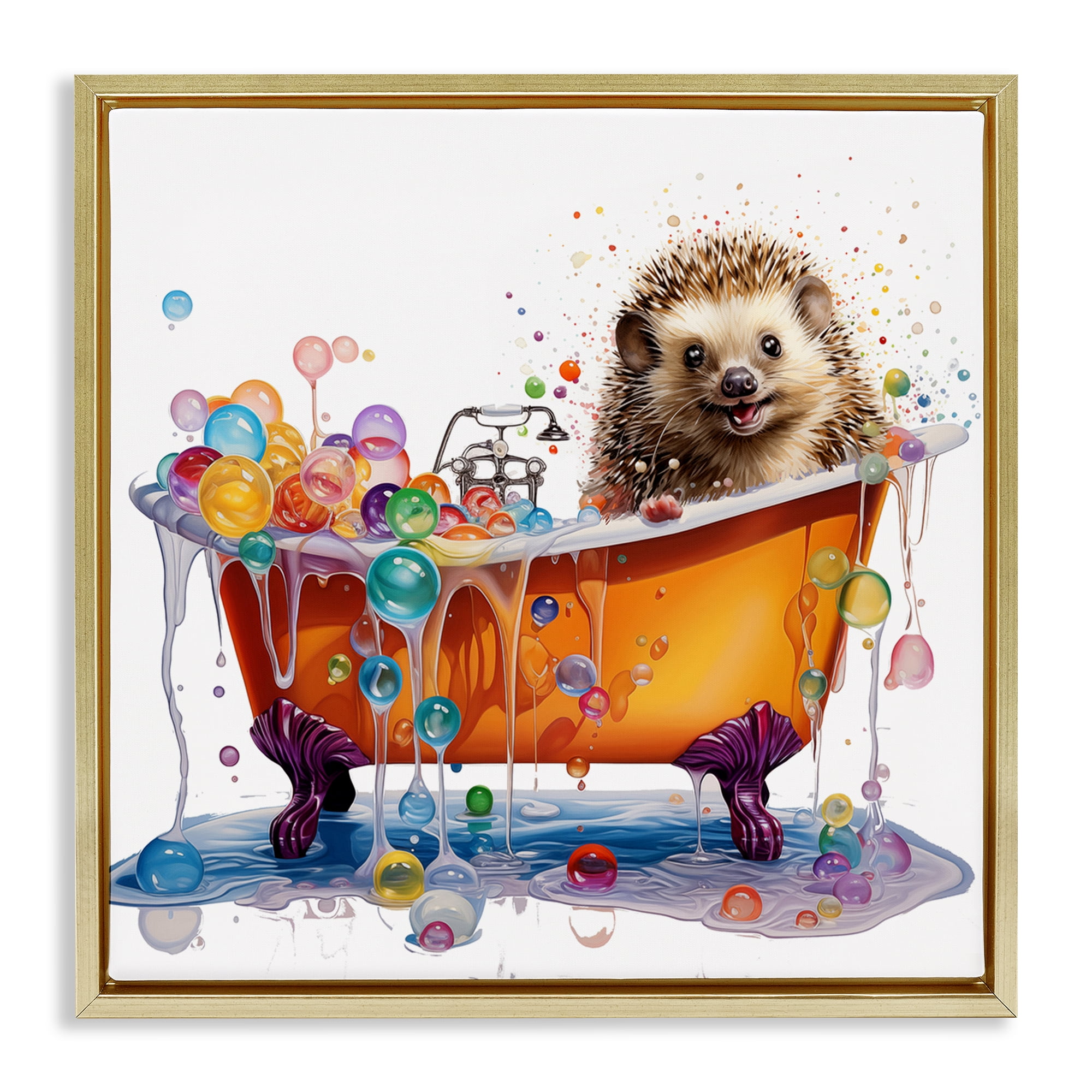 Stupell Industries Happy Hedgehog Bubble Bath Bath & Laundry Painting Gold Floater Framed Canvas Art Print Wall Art, 18 x 18