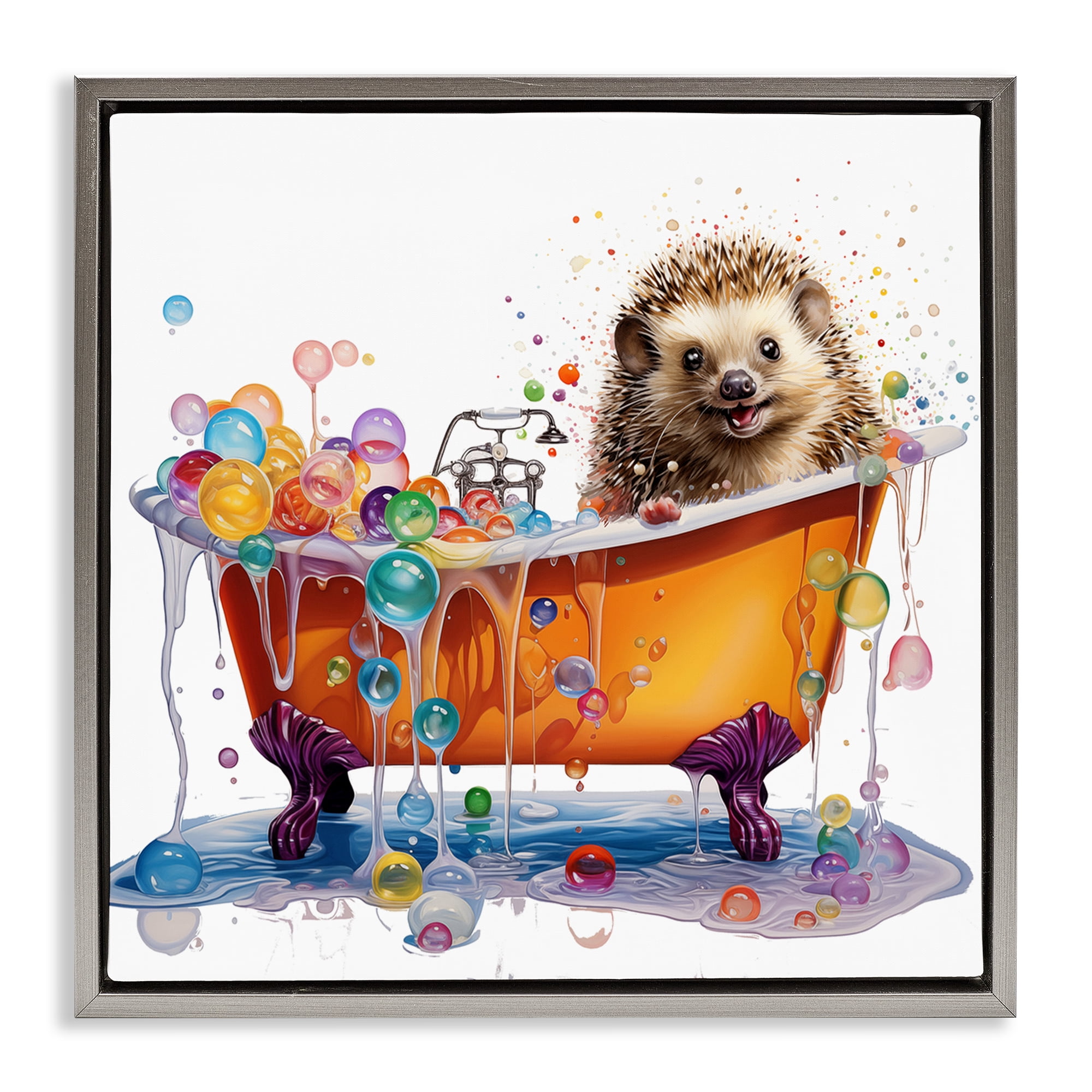 Stupell Industries Happy Hedgehog Bubble Bath Bath & Laundry Painting Gray Floater Framed Canvas Art Print Wall Art, 18 x 18