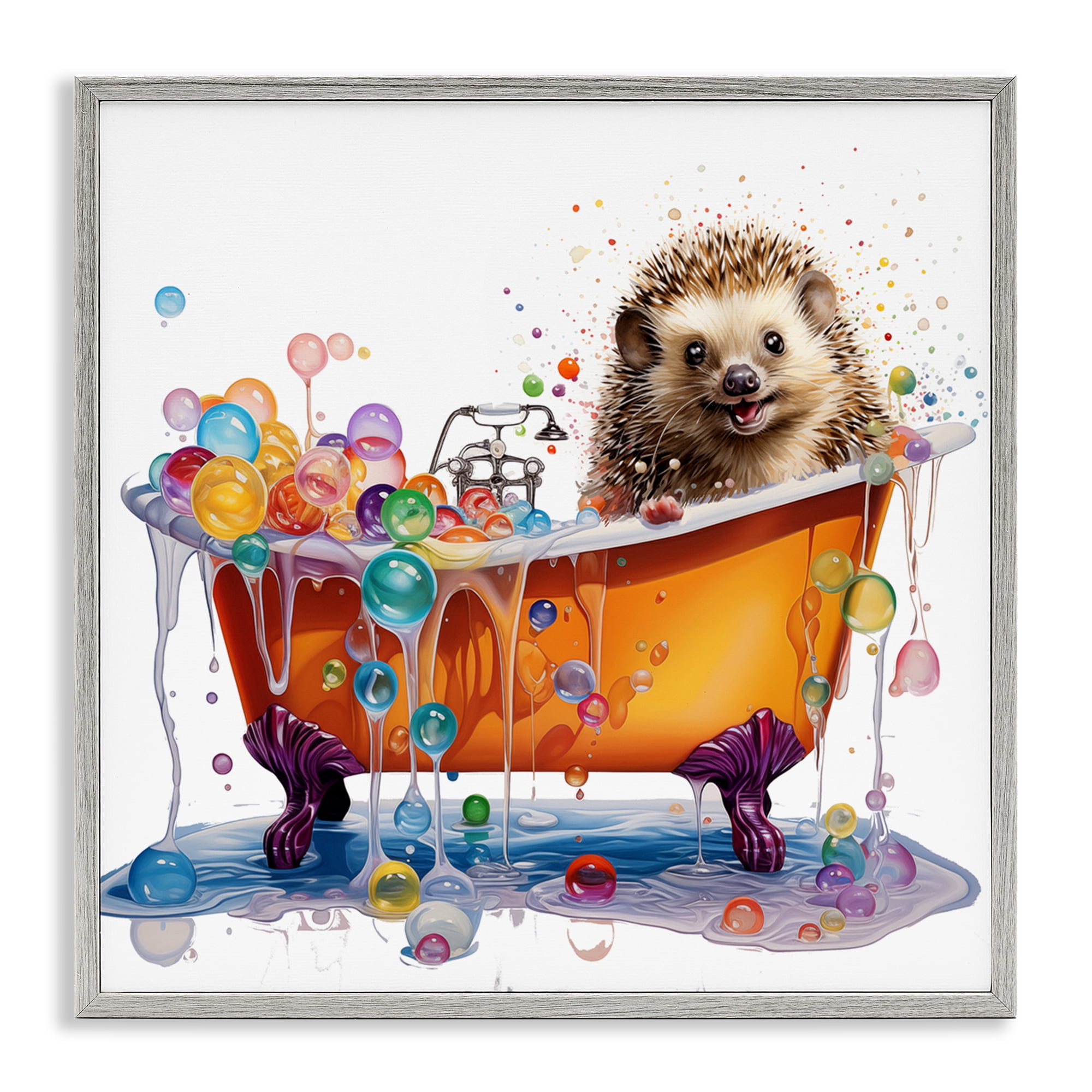 Stupell Industries Happy Hedgehog Bubble Bath Bath & Laundry Painting Gray Framed Art Print Wall Art, 12 x 12