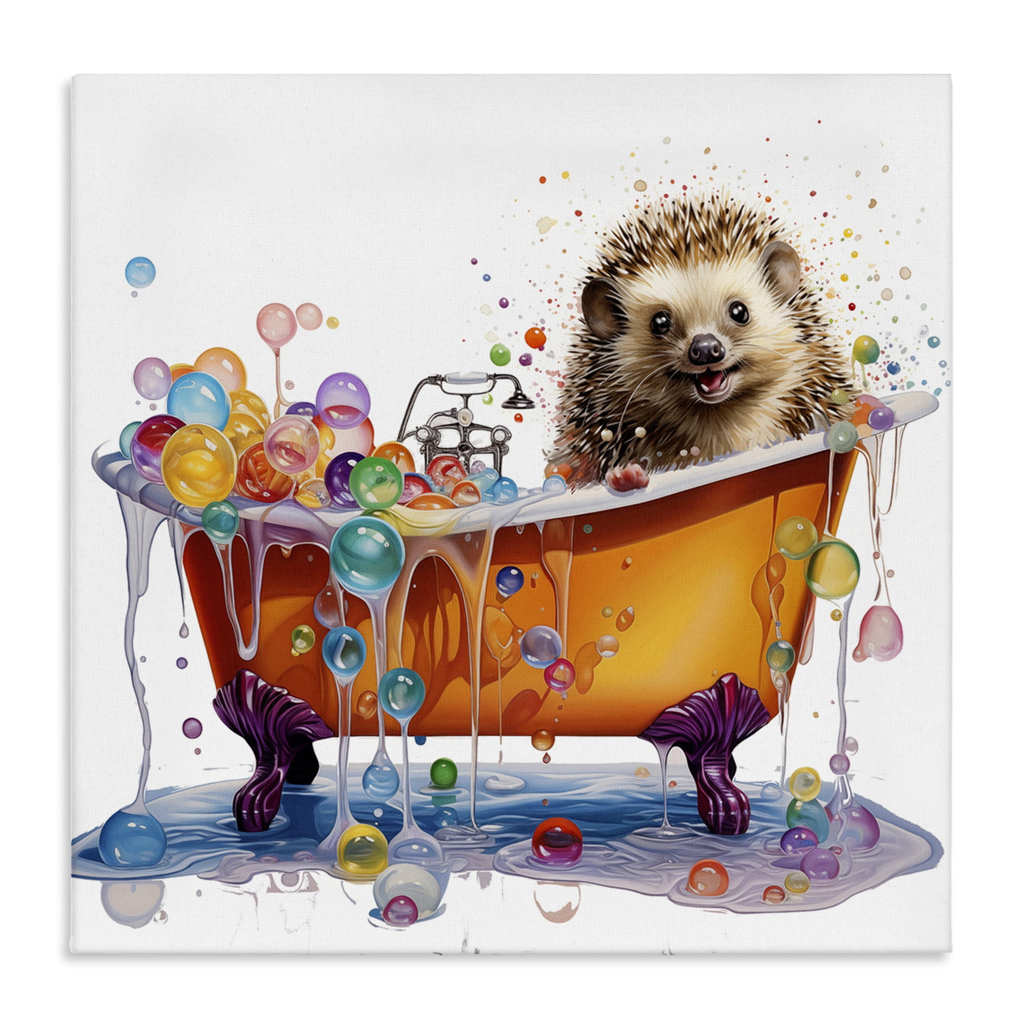 Stupell Industries Happy Hedgehog Bubble Bath Bath & Laundry Painting Wrapped Canvas Art Print Wall Art, 36 x 36
