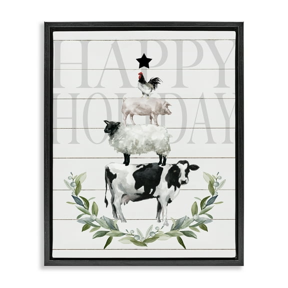 Stupell Industries Happy Holiday Farm Animals Holiday Painting Black Floater Framed Canvas Art Prints Wall Art, 17 x 21