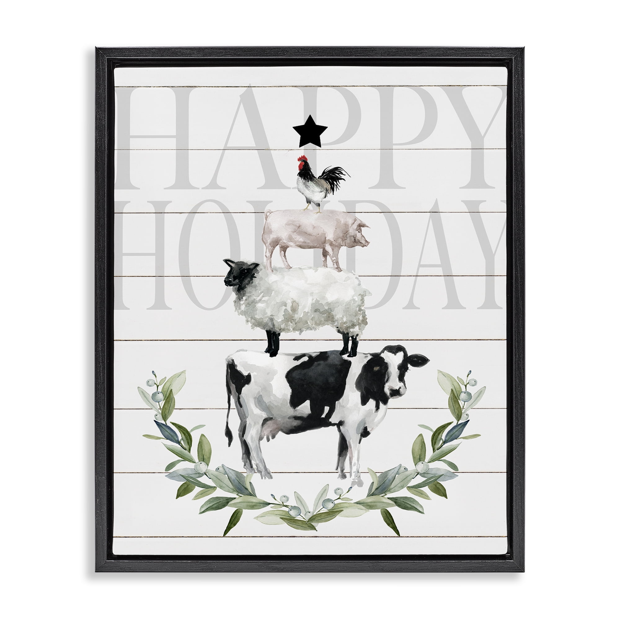 Stupell Industries Happy Holiday Farm Animals Holiday Painting Black Floater Framed Canvas Art Prints Wall Art, 25 x 31