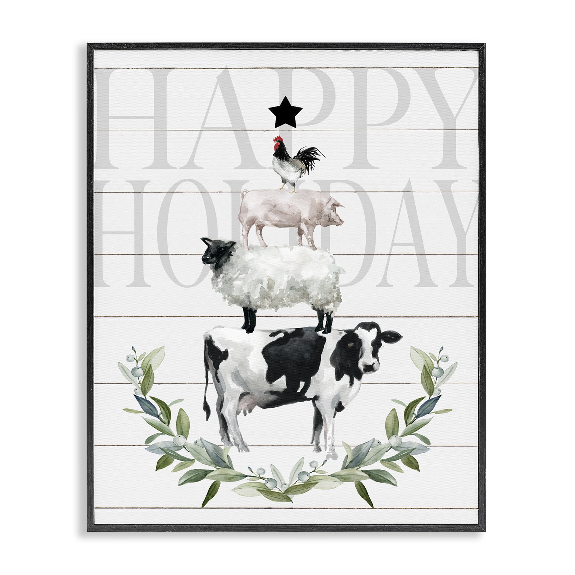 Stupell Industries Happy Holiday Farm Animals Holiday Painting Black Framed Art Prints Wall Art, 16 x 20