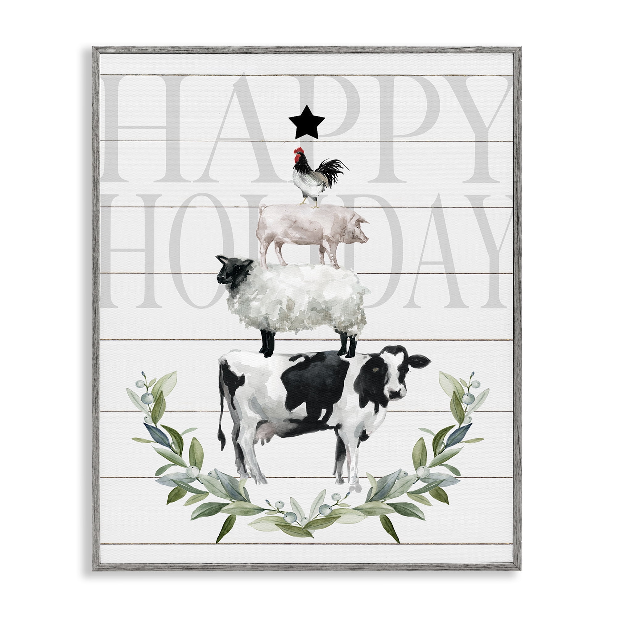 Stupell Industries Happy Holiday Farm Animals Holiday Painting Gray Framed Art Prints Wall Art, 16 x 20