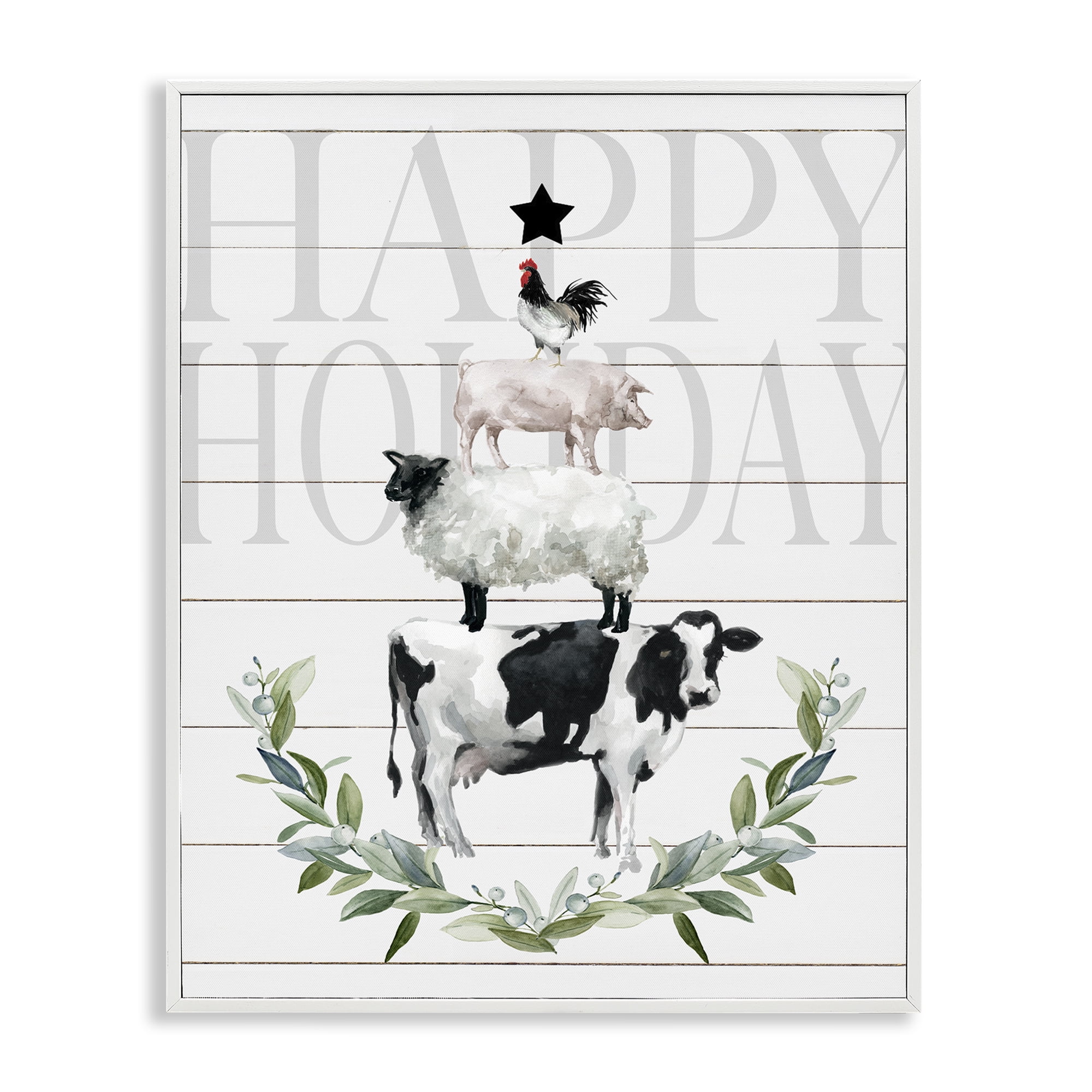 Stupell Industries Happy Holiday Farm Animals Holiday Painting White Framed Art Prints Wall Art, 16 x 20