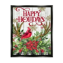 Stupell Industries Happy Holidays Cardinal Holiday Painting Black Floater Framed Canvas Art Print Wall Art, 17 x 21