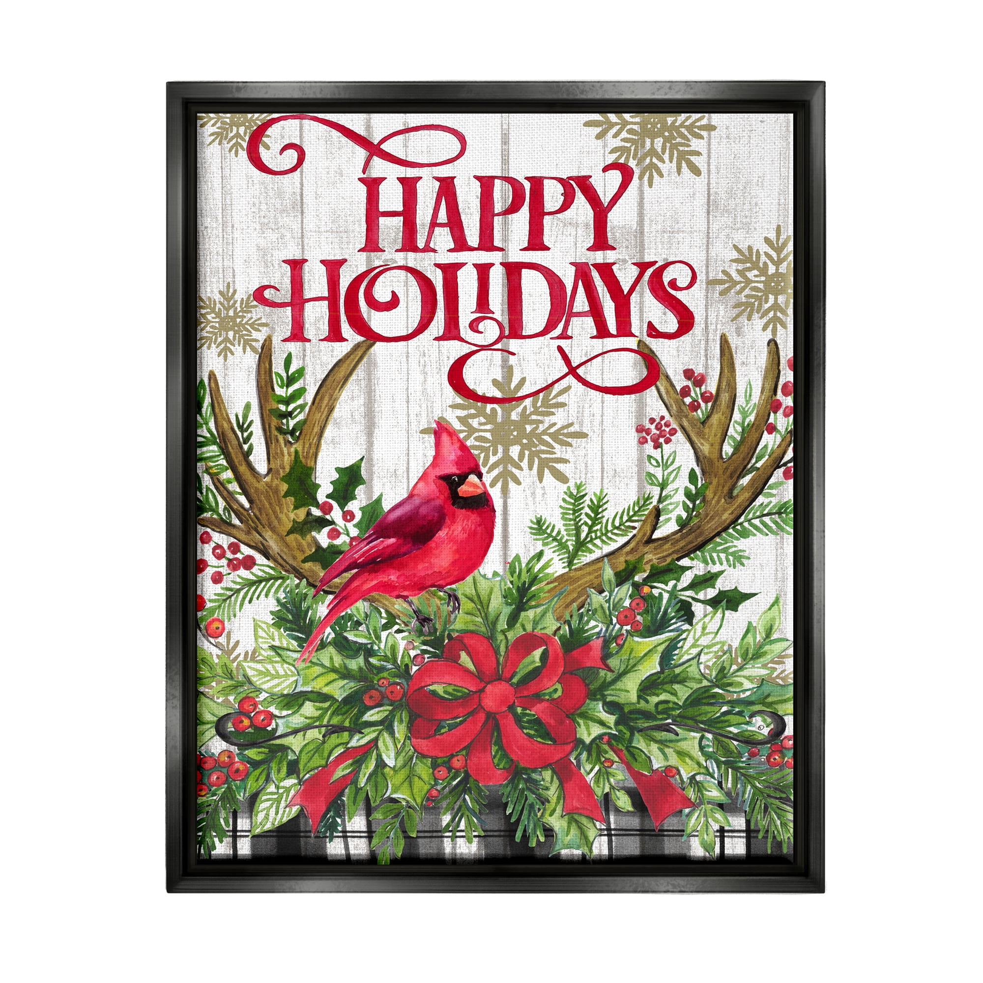 Stupell Industries Happy Holidays Cardinal Holiday Painting Black Floater Framed Canvas Art Print Wall Art, 25 x 31