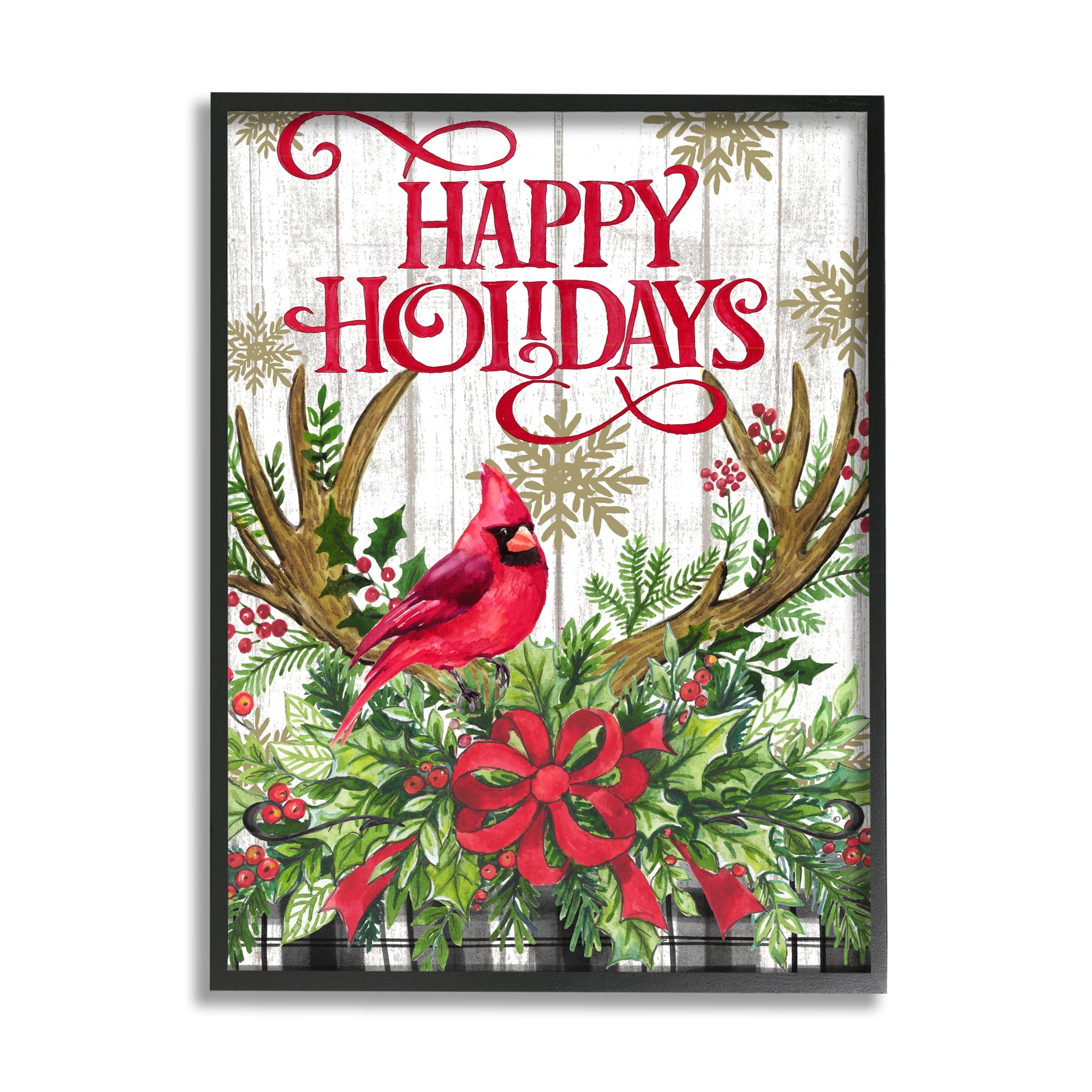 Stupell Industries Happy Holidays Cardinal Holiday Painting Black Framed Art Print Wall Art, 16 x 20