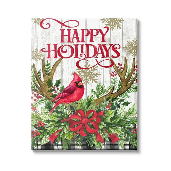 Stupell Industries Happy Holidays Cardinal Holiday Painting Gallery Wrapped Canvas Art Print Wall Art, 16 x 20
