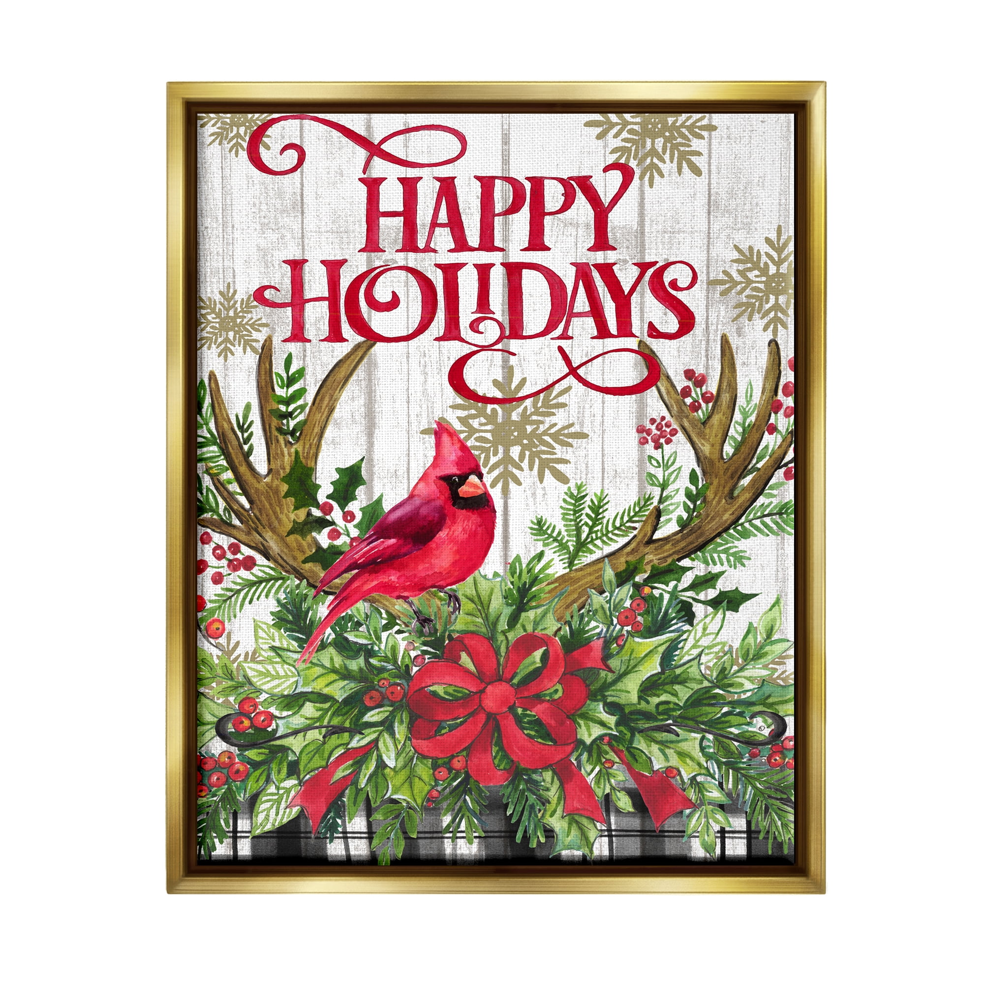 Stupell Industries Happy Holidays Cardinal Holiday Painting Gold Floater Framed Canvas Art Print Wall Art, 17 x 21