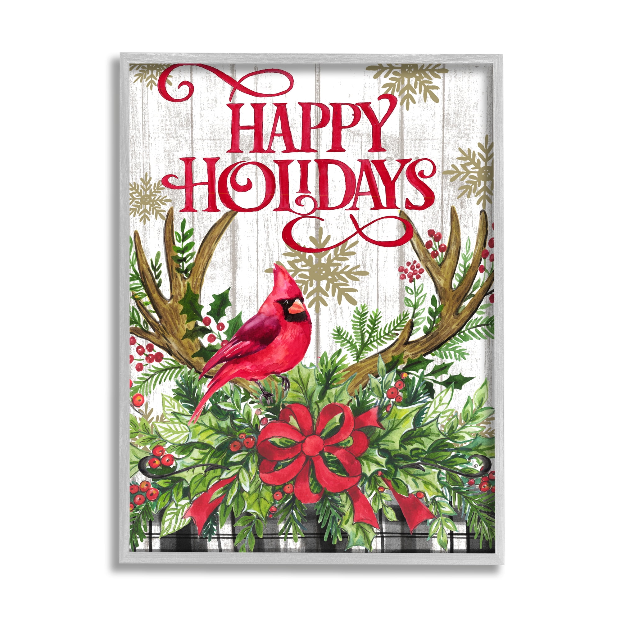 Stupell Industries Happy Holidays Cardinal Holiday Painting Gray Framed Art Print Wall Art, 24 x 30