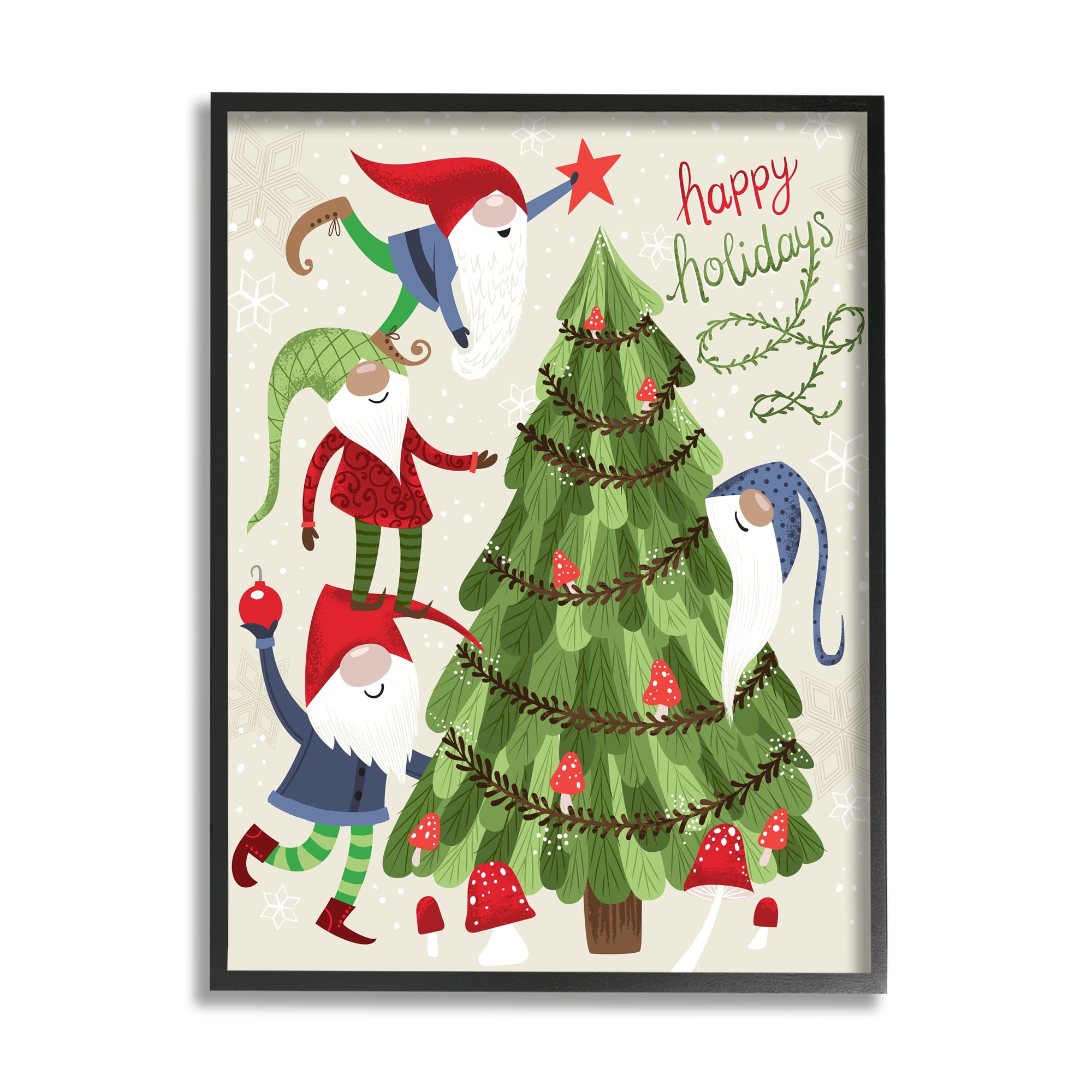 Stupell Industries Happy Holidays Christmas Gnomes Mushroom Forest Tree Coastal Painting Black framed Art Print Wall Art, 11 x 14, Design by Arrolynn Weiderhold